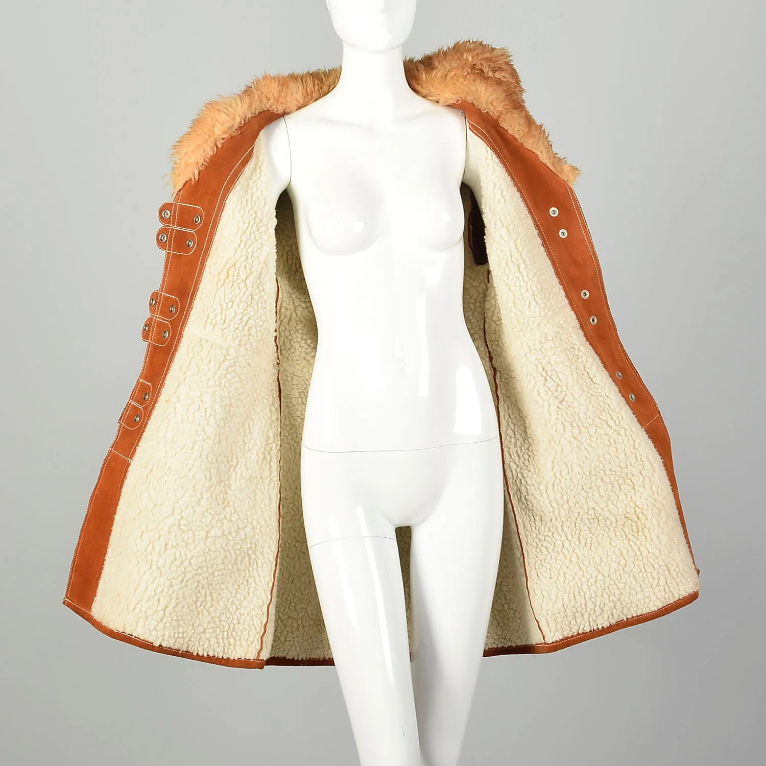 Small 1970s Suede Shearling Coat Boho Leather Sherpa Outerwear