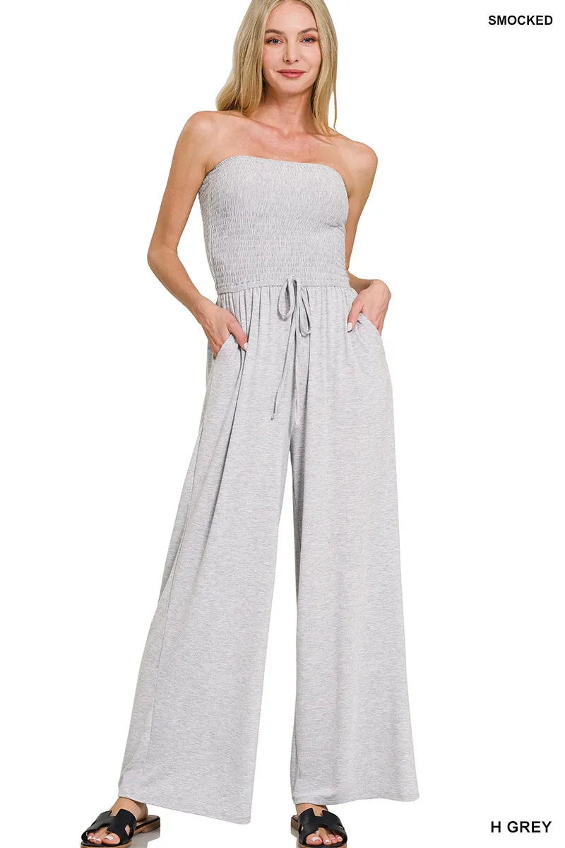 Smocked tube top jumpsuit with pockets