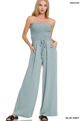 Smocked tube top jumpsuit with pockets