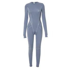 Stitch long sleeve crewneck zip-up jumpsuit