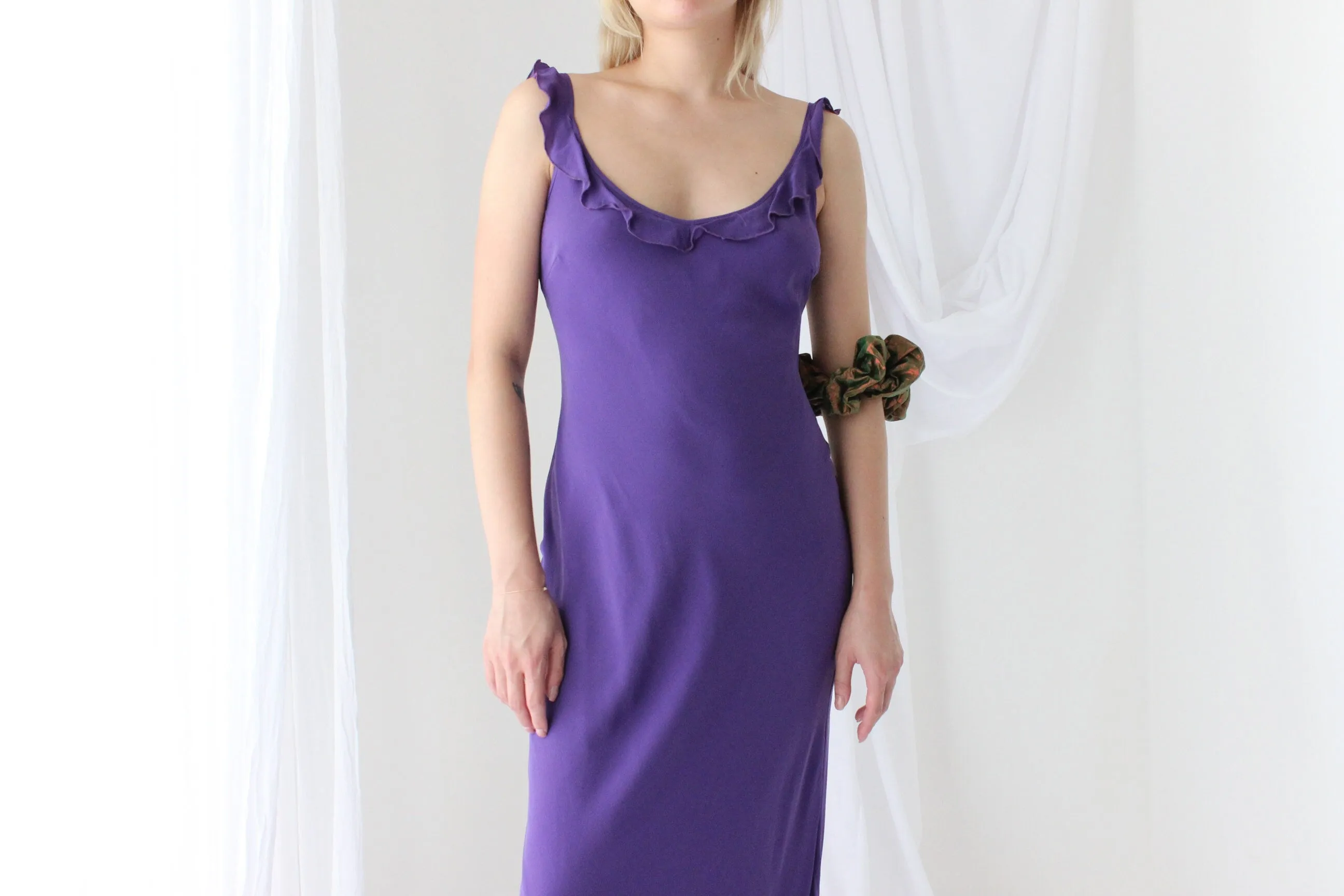 Sultry Y2K PURE SILK Plunge Ruffle Neck Bias Cut Dress