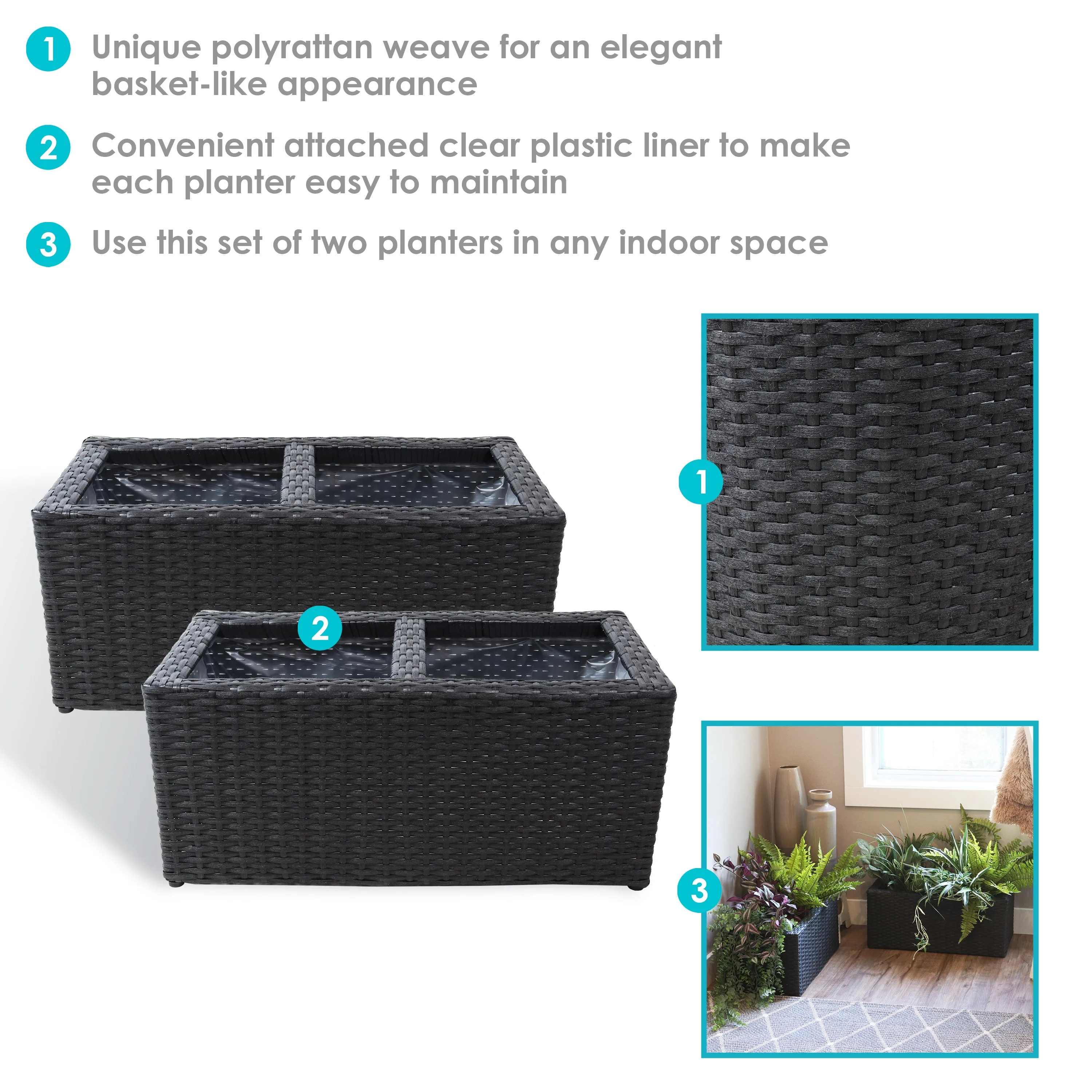 Sunnydaze 2-Section Polyrattan Rectangle Indoor Planters - Set of 2