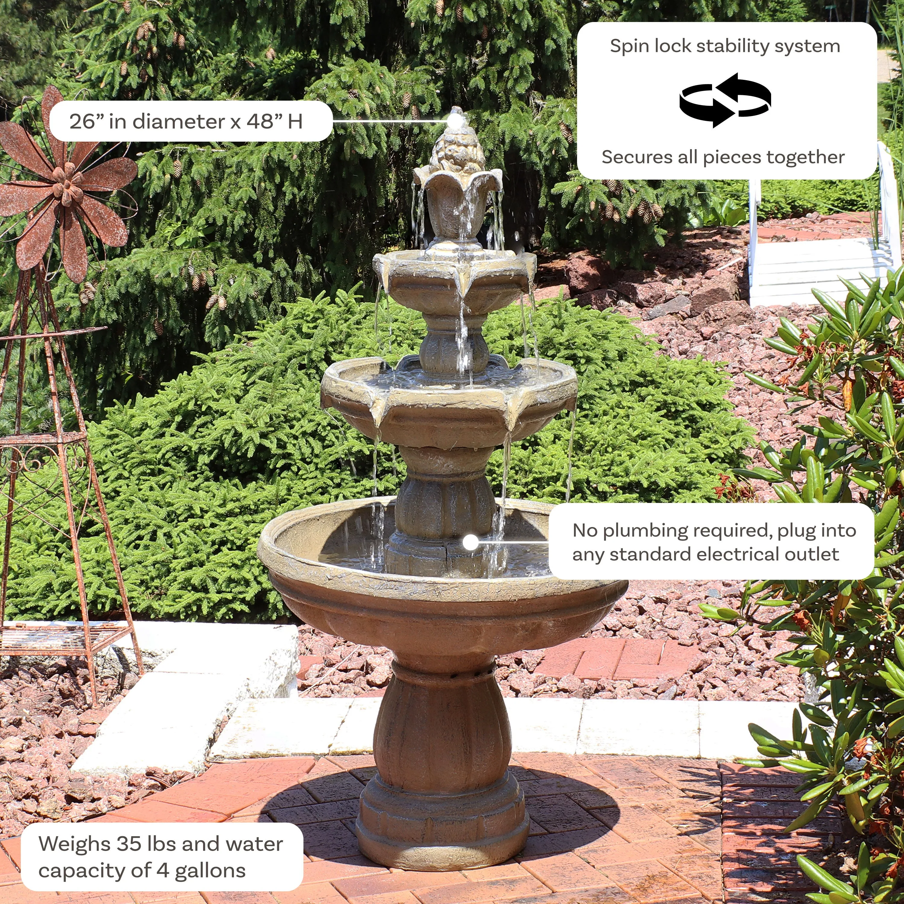 Sunnydaze 3-Tier Outdoor Water Fountain with Pump - 48" H