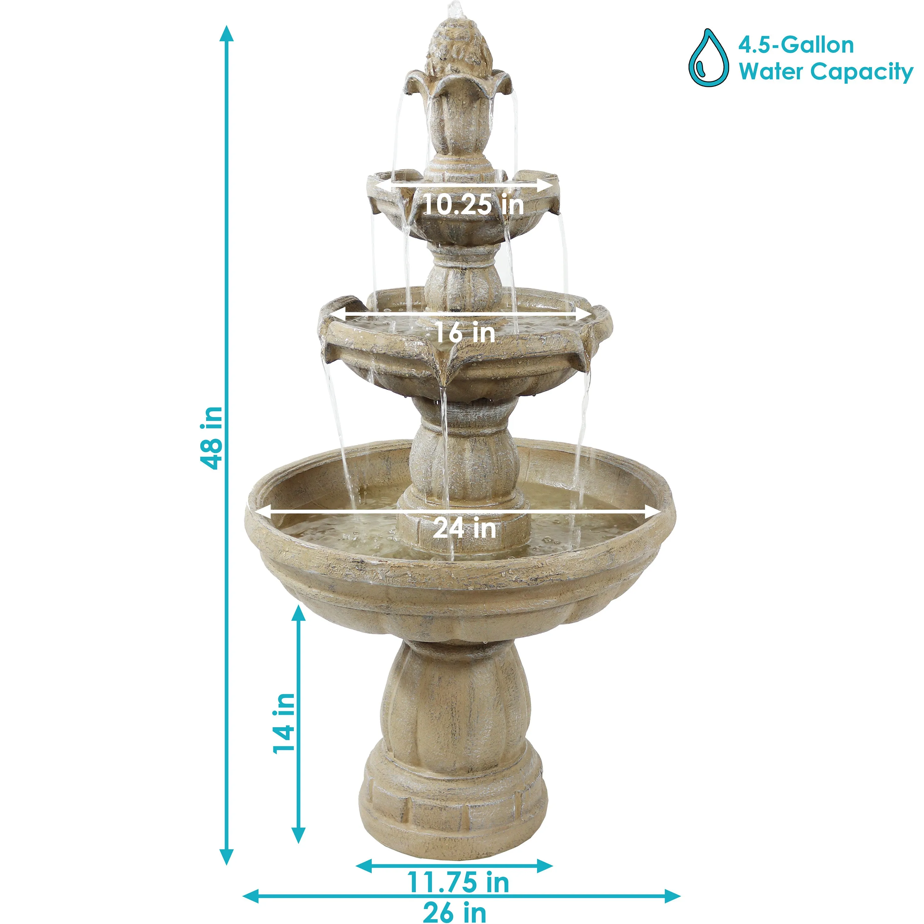 Sunnydaze 3-Tier Outdoor Water Fountain with Pump - 48" H