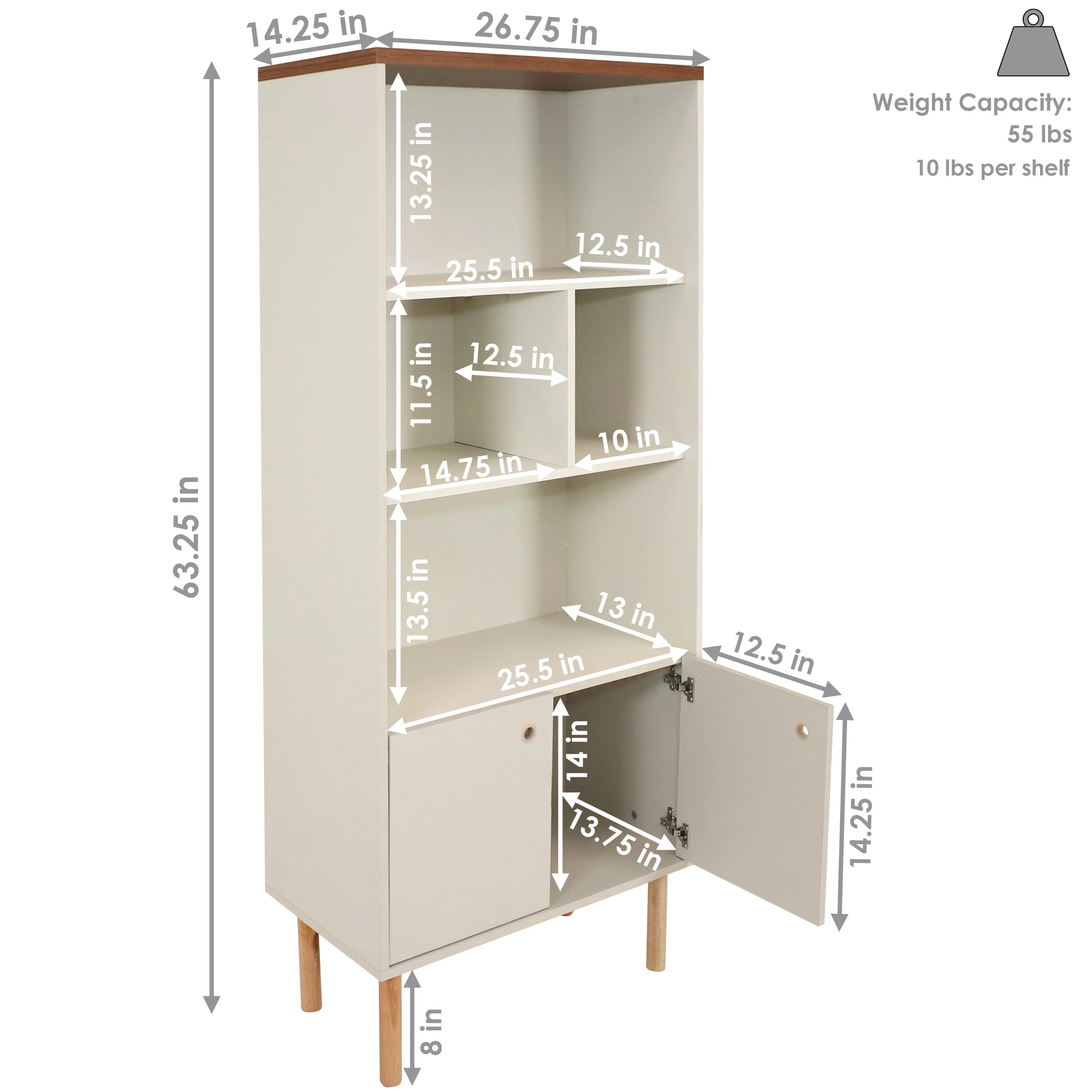 Sunnydaze 5-Shelf Modern Bookshelf with Storage Cabinet - Latte