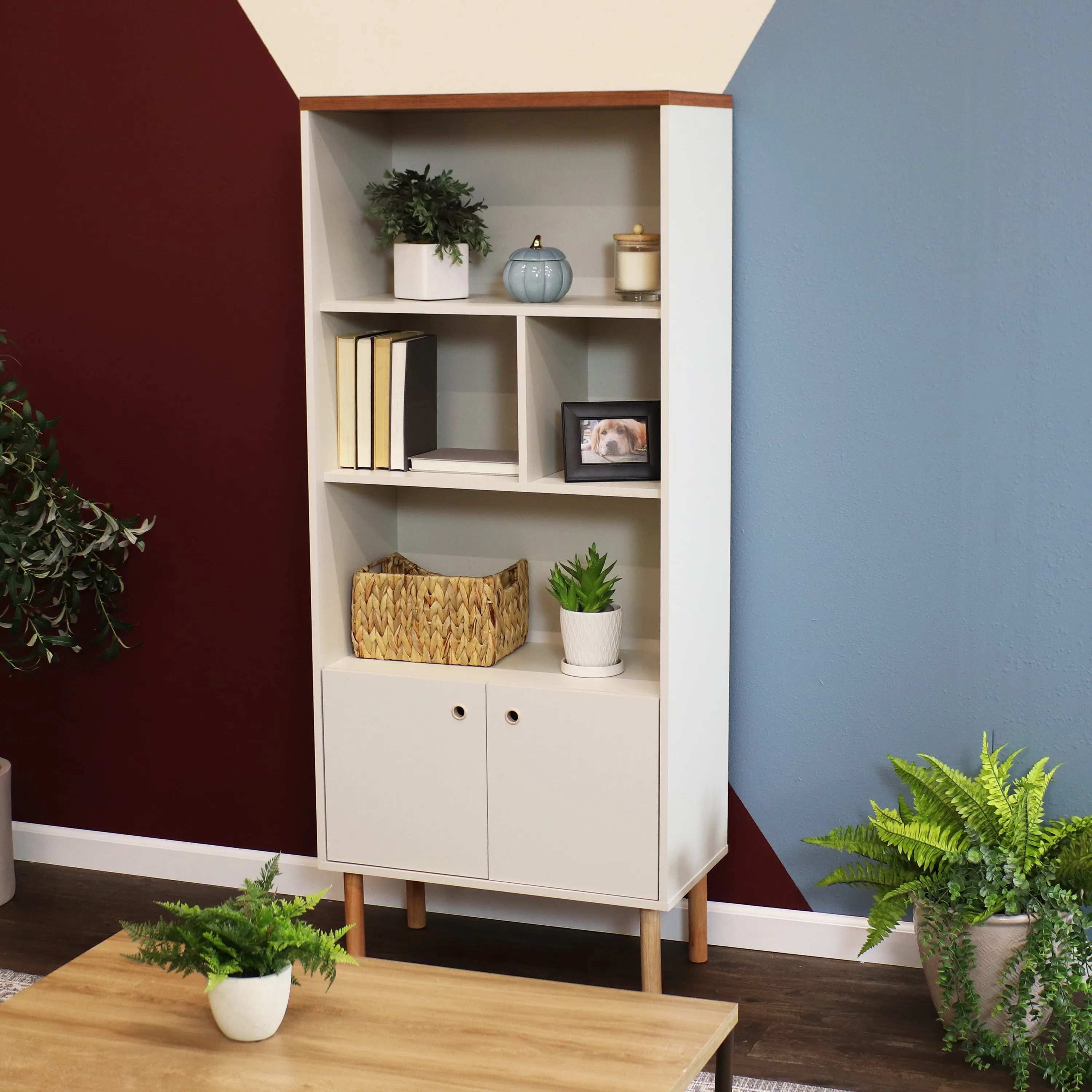 Sunnydaze 5-Shelf Modern Bookshelf with Storage Cabinet - Latte