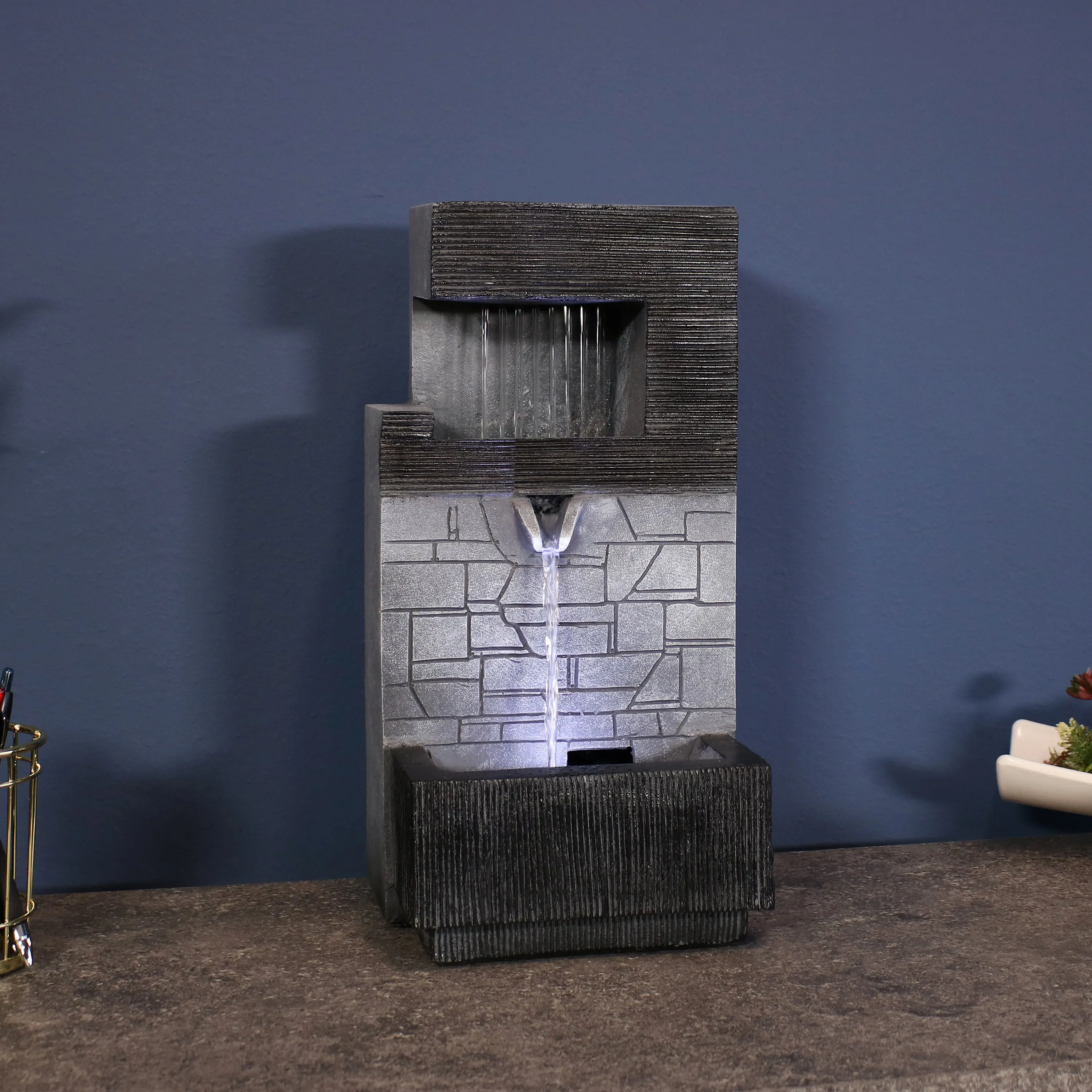 Sunnydaze Brick Wall Modern Tabletop Fountain with LED Light - 13"