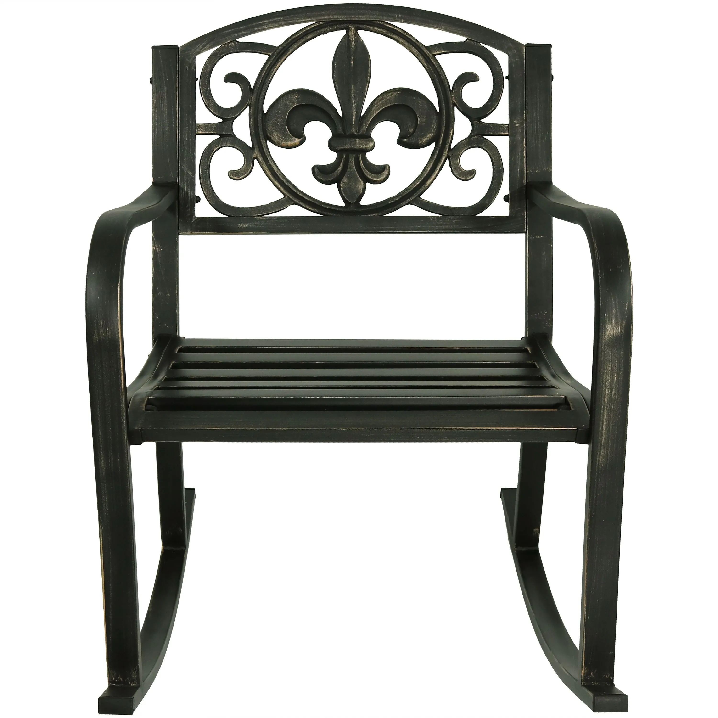 Sunnydaze Cast Iron and Steel Patio Rocking Chair with Fleur-de-Lis