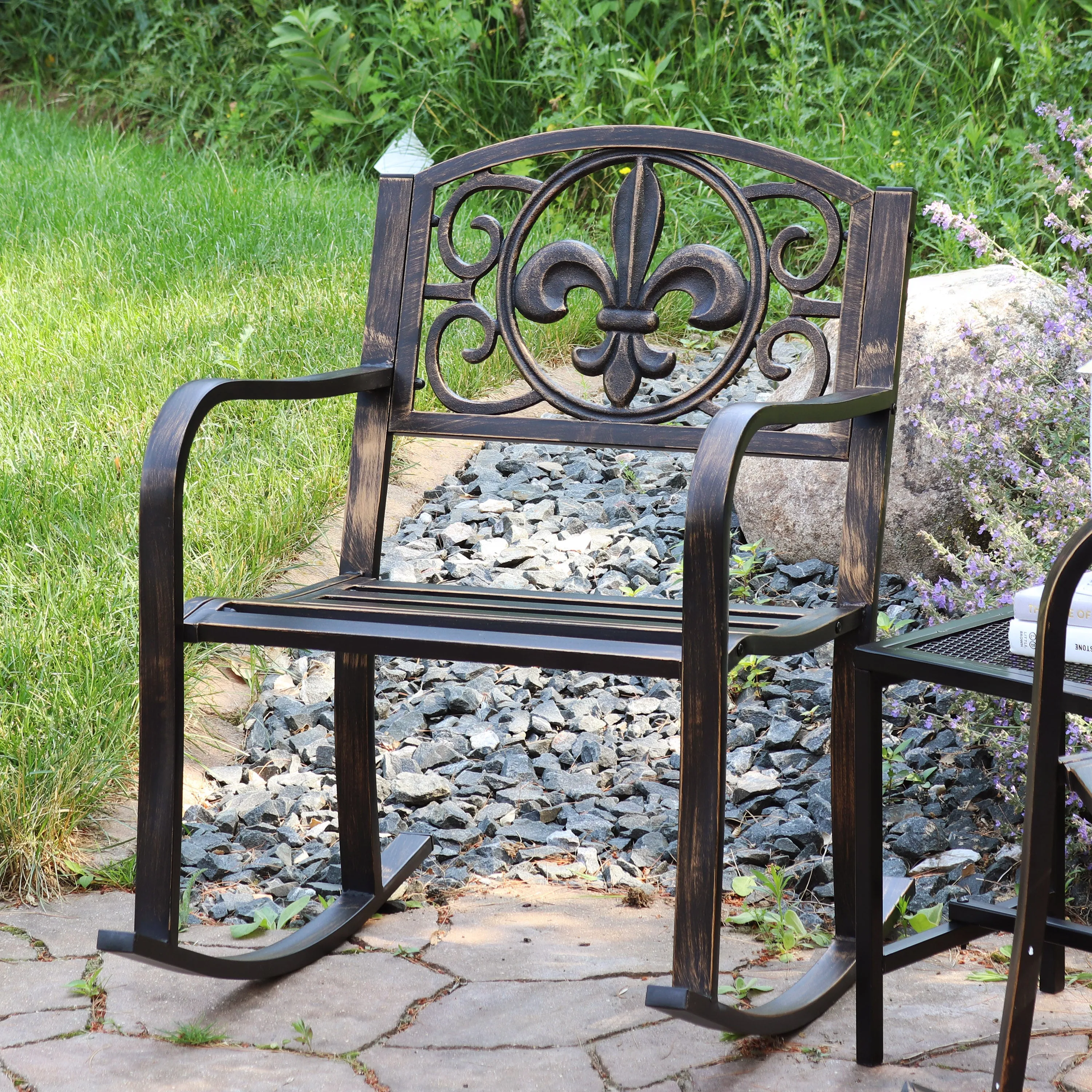 Sunnydaze Cast Iron and Steel Patio Rocking Chair with Fleur-de-Lis