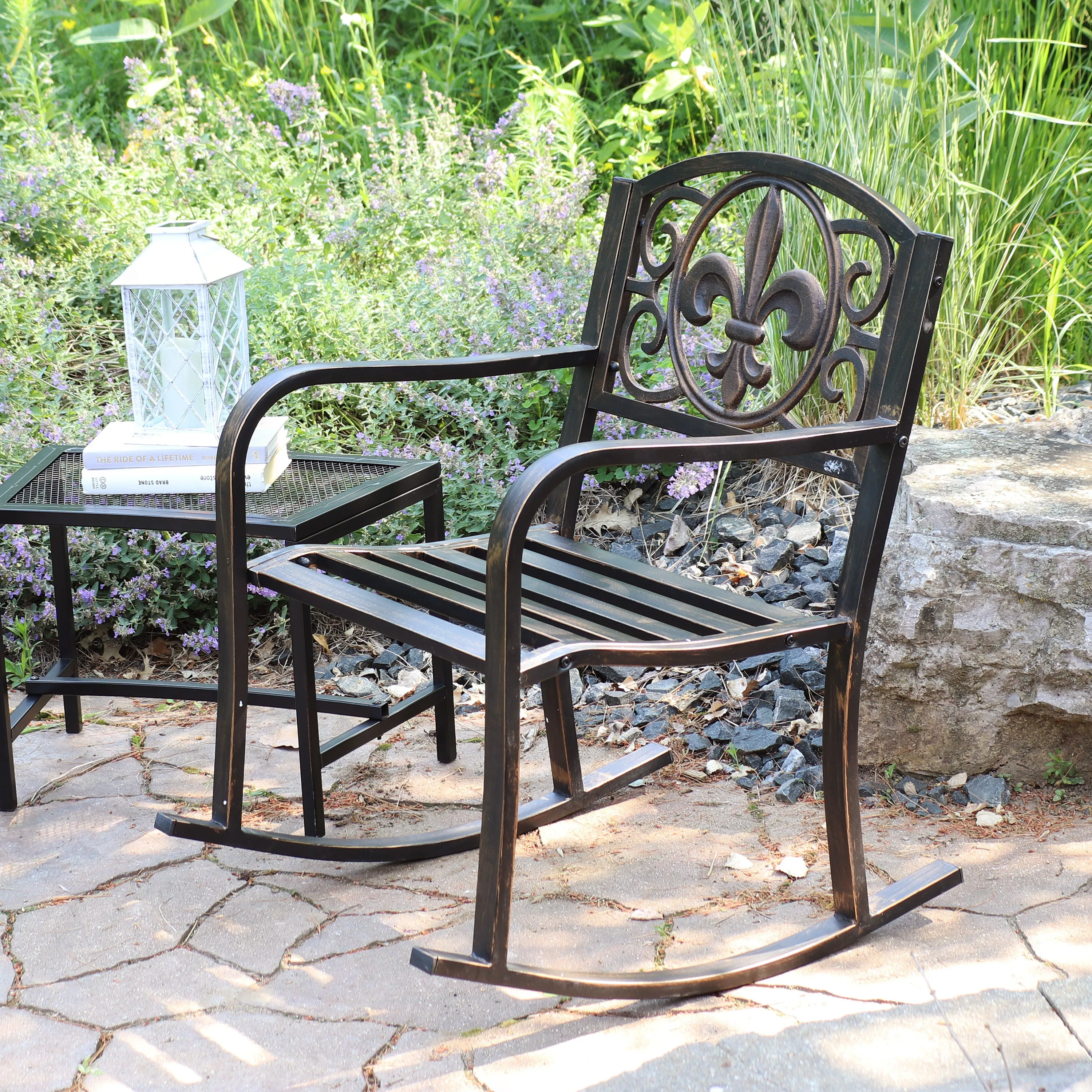 Sunnydaze Cast Iron and Steel Patio Rocking Chair with Fleur-de-Lis