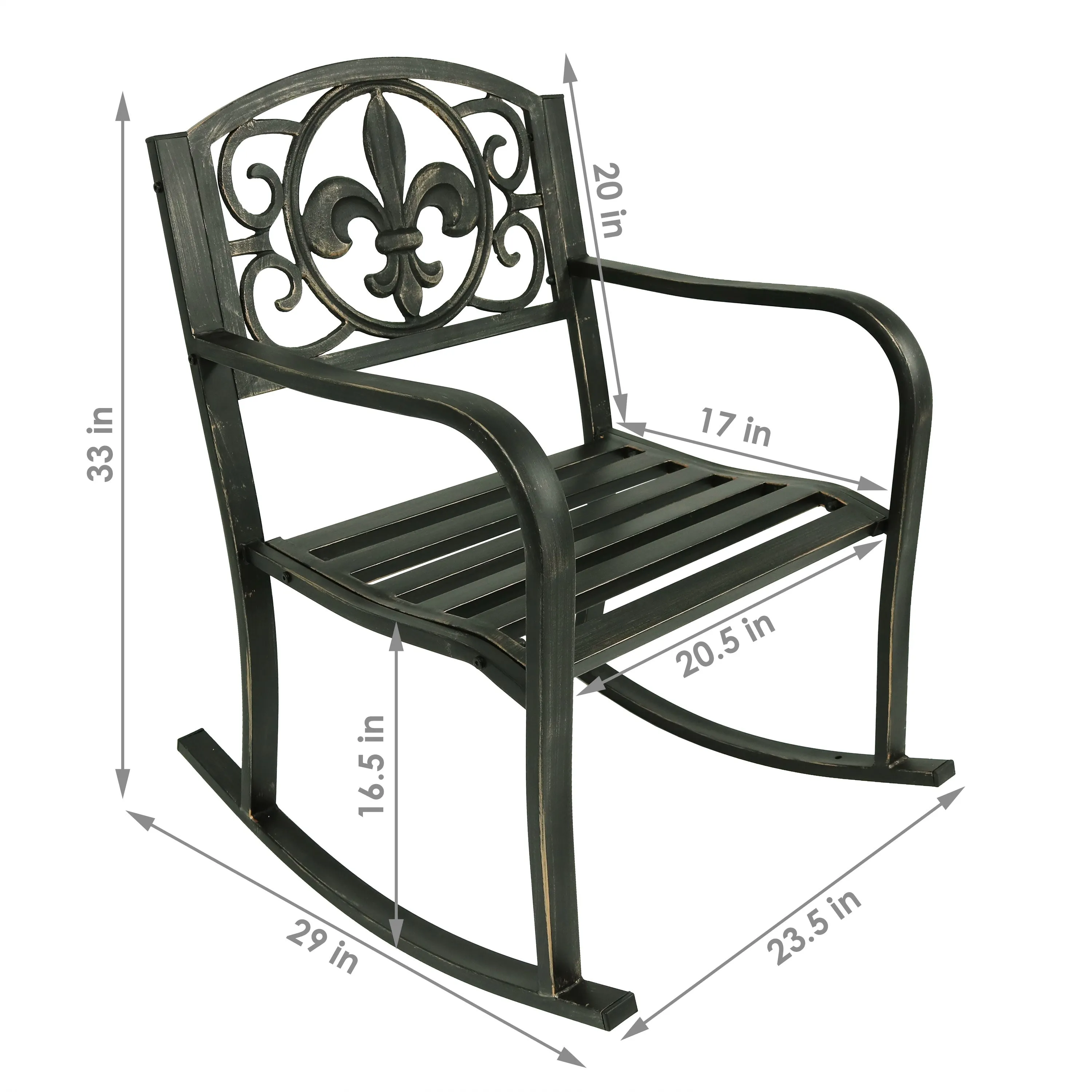 Sunnydaze Cast Iron and Steel Patio Rocking Chair with Fleur-de-Lis