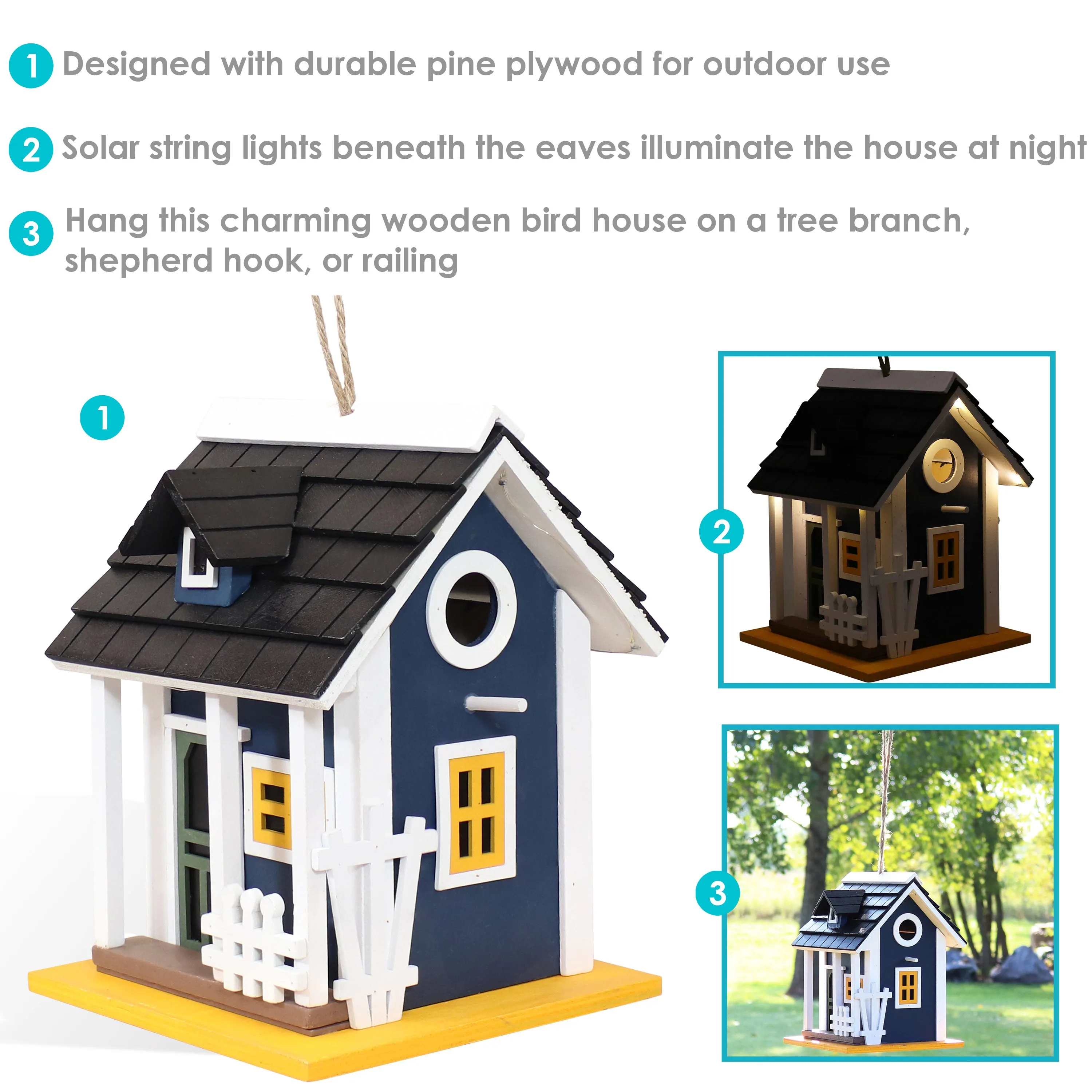 Sunnydaze Charming Cottage LED Solar Wooden Outdoor Hanging Bird House - 9.25"