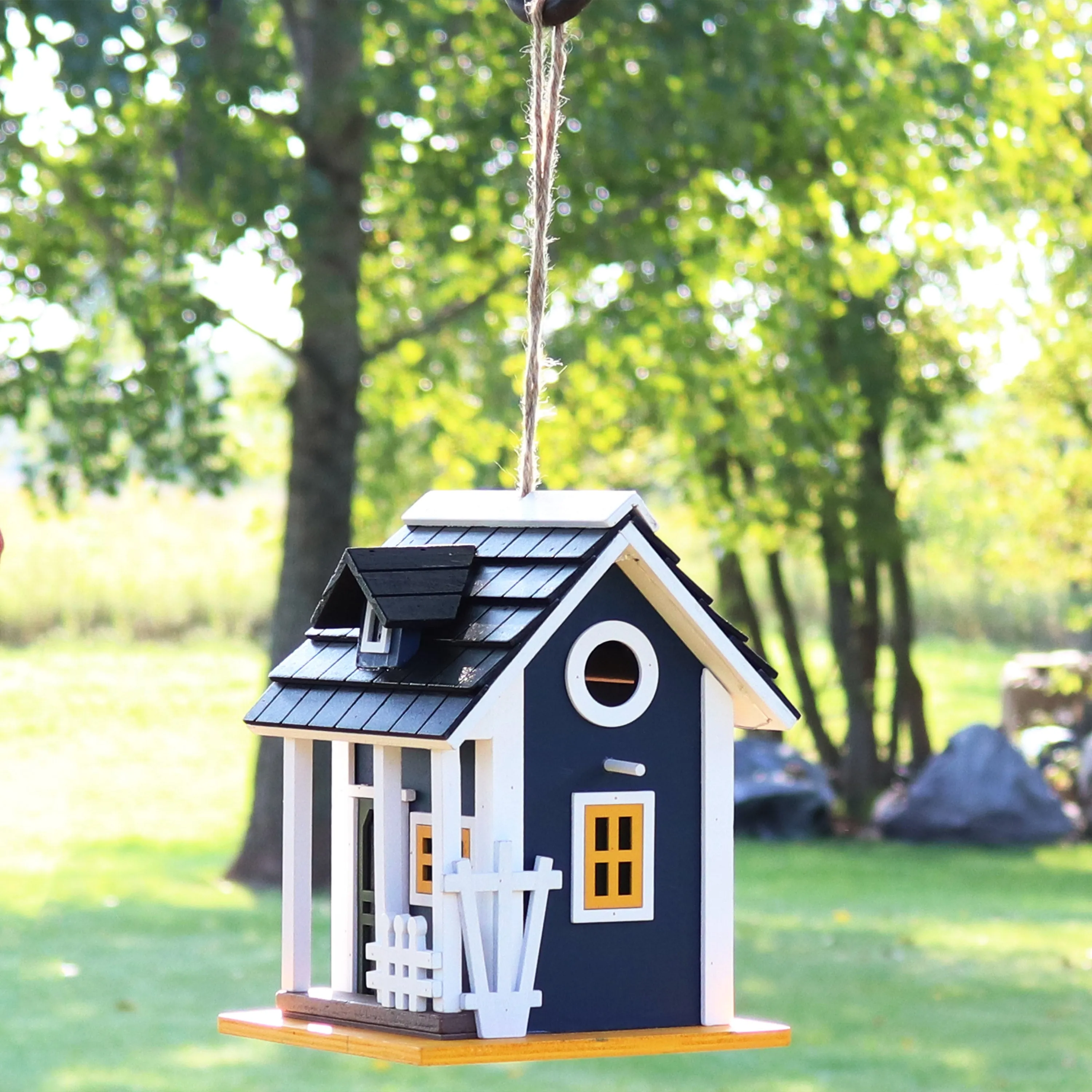 Sunnydaze Charming Cottage LED Solar Wooden Outdoor Hanging Bird House - 9.25"