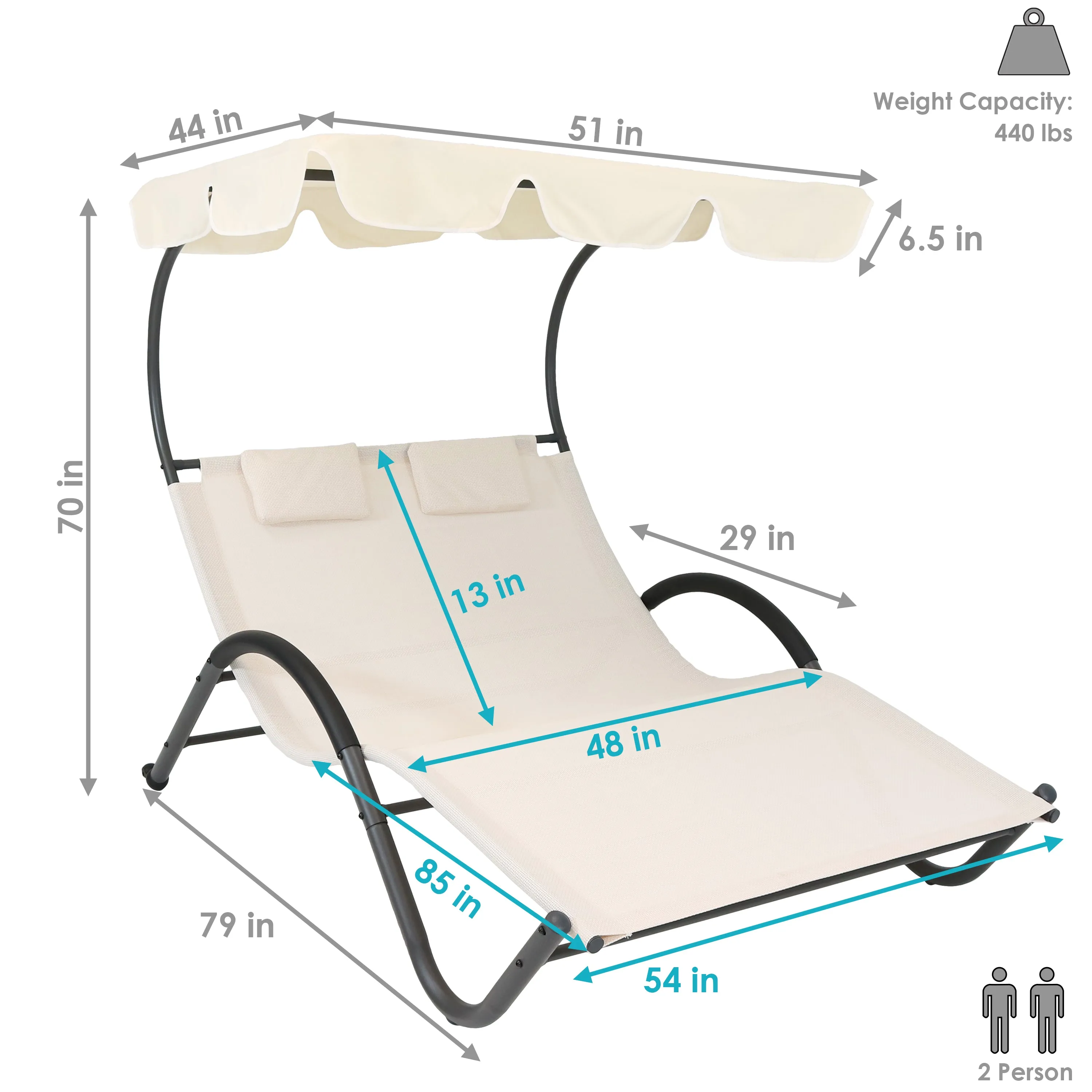 Sunnydaze Double Chaise Lounge with Canopy and Headrest Pillow - Beige