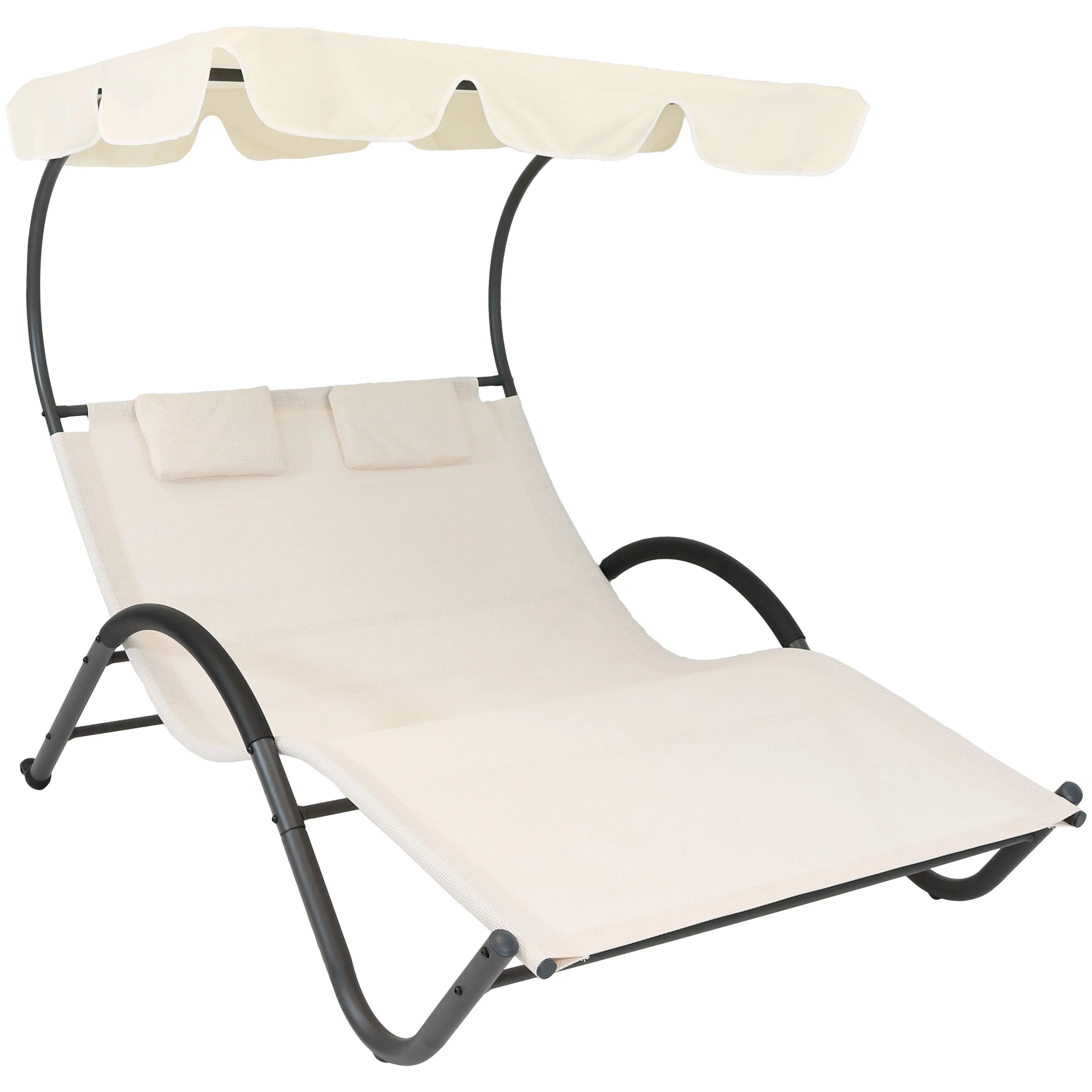 Sunnydaze Double Chaise Lounge with Canopy and Headrest Pillow - Beige