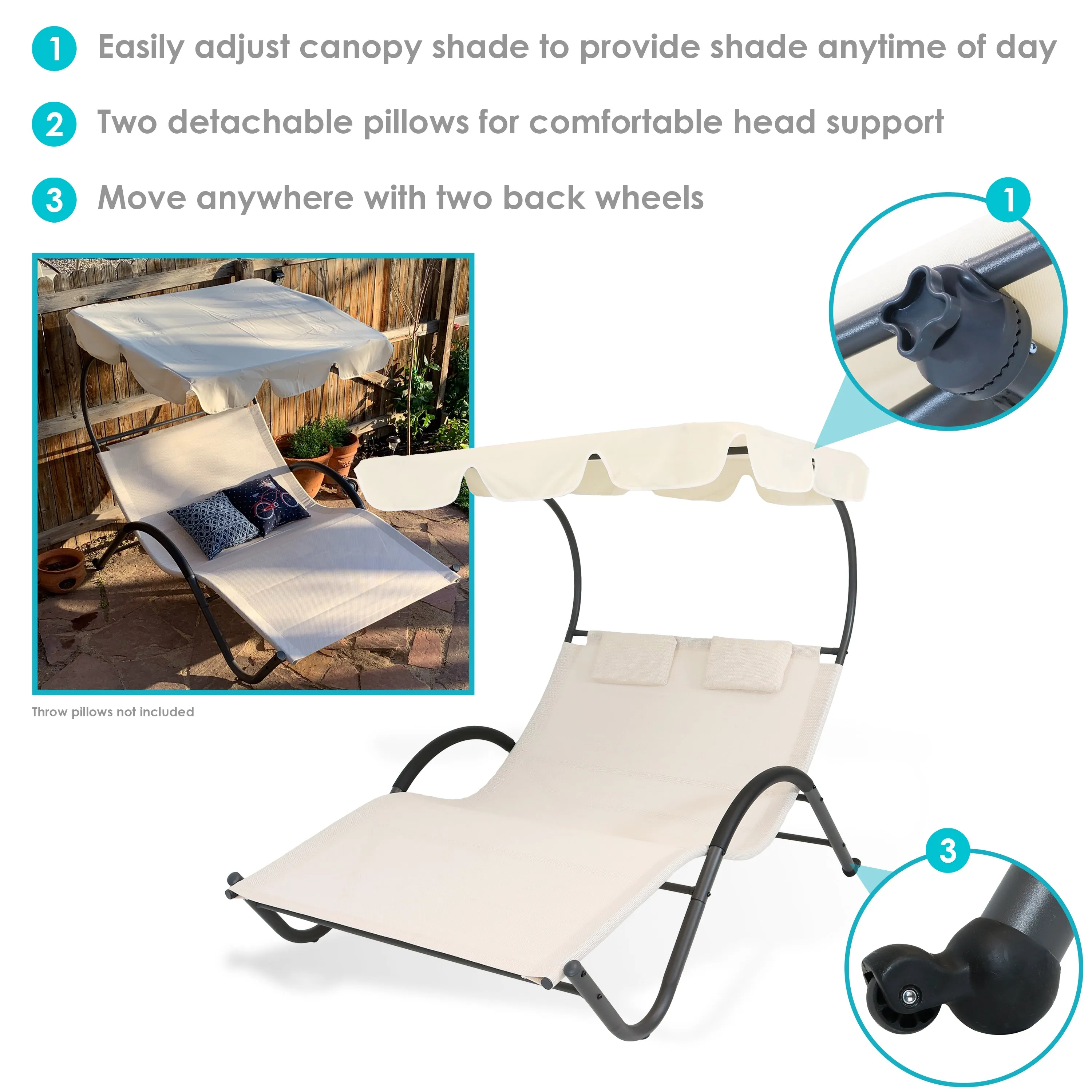 Sunnydaze Double Chaise Lounge with Canopy and Headrest Pillow - Beige