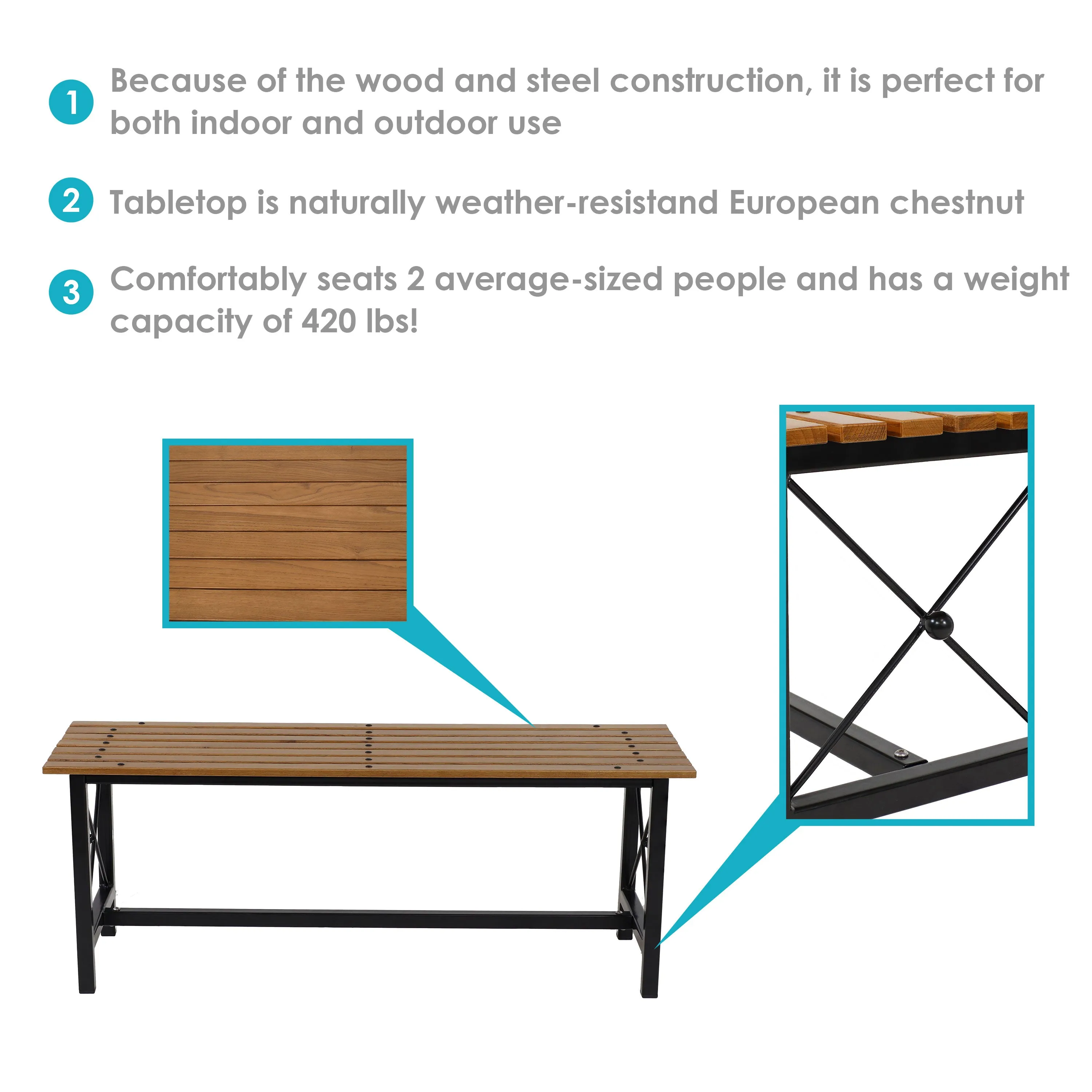 Sunnydaze European Chestnut Patio Wood Dining Bench - 17.75" H