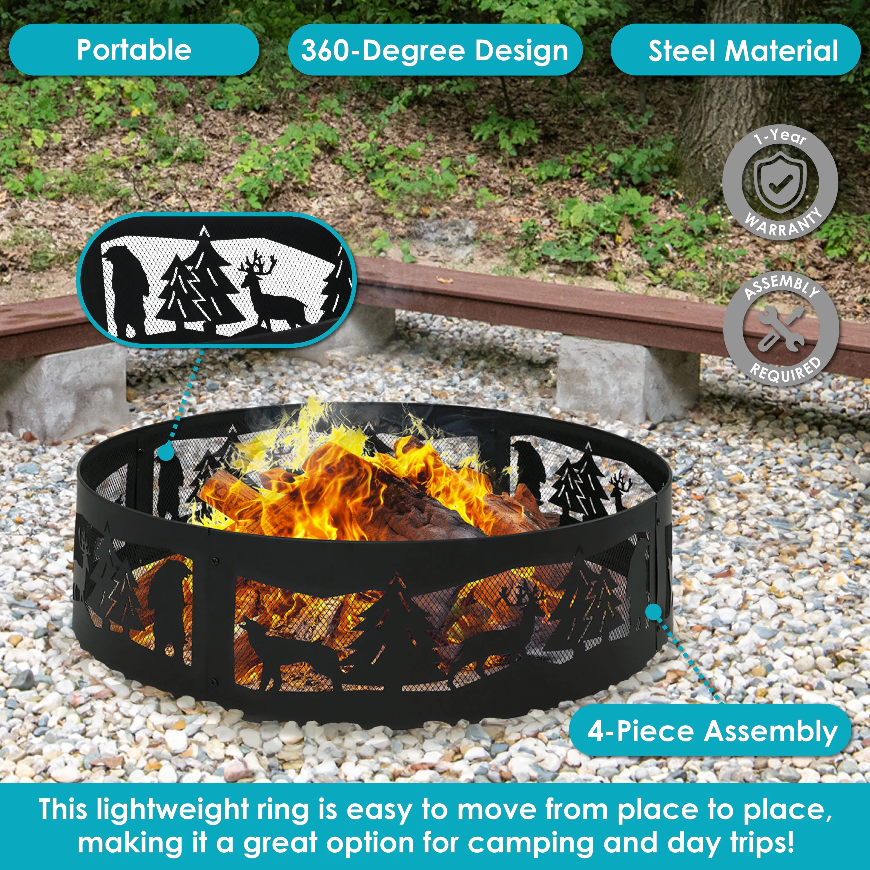 Sunnydaze Forest Wilderness Black Steel Fire Pit Ring with Cutouts - 36"