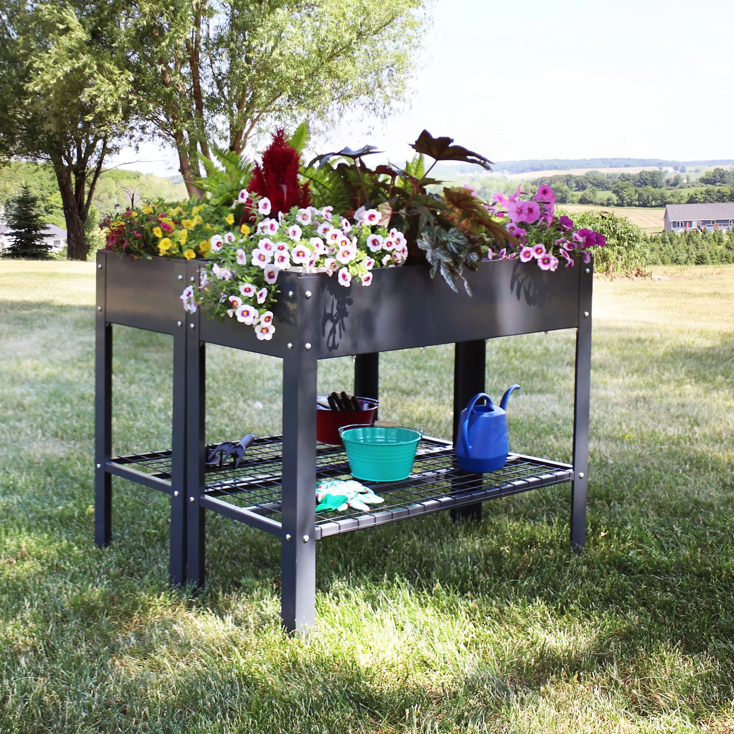 Sunnydaze Galvanized Steel Raised Garden Bed with Mesh Shelf - Set of 2