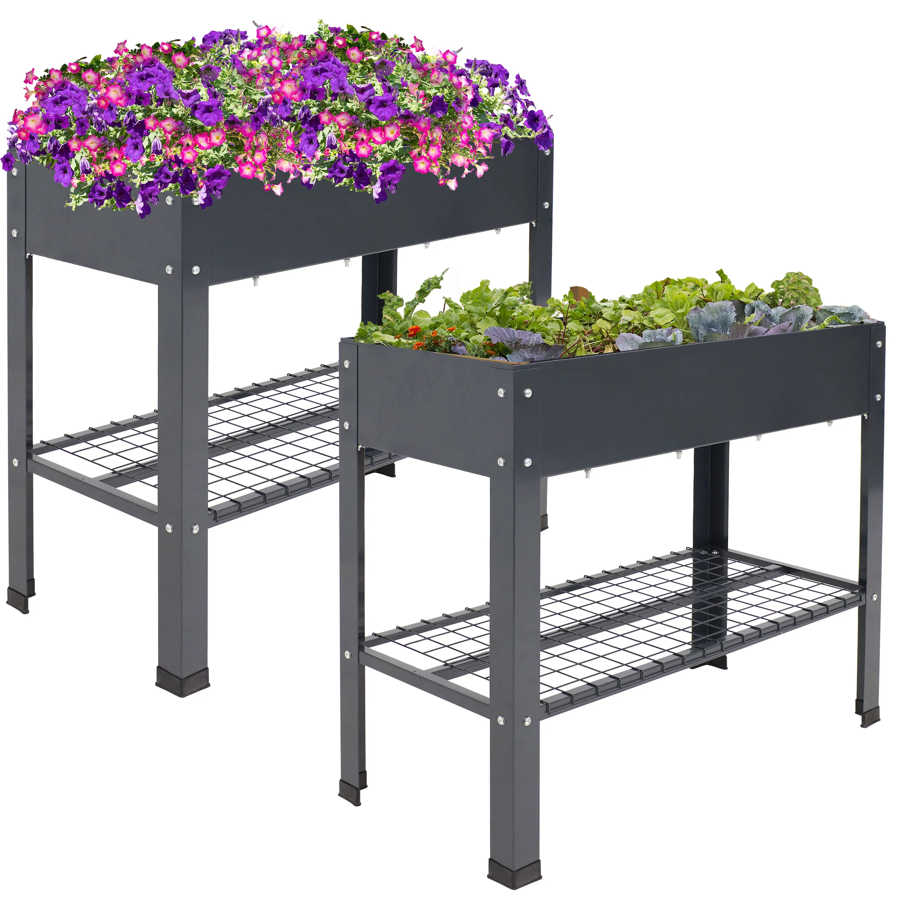 Sunnydaze Galvanized Steel Raised Garden Bed with Mesh Shelf - Set of 2