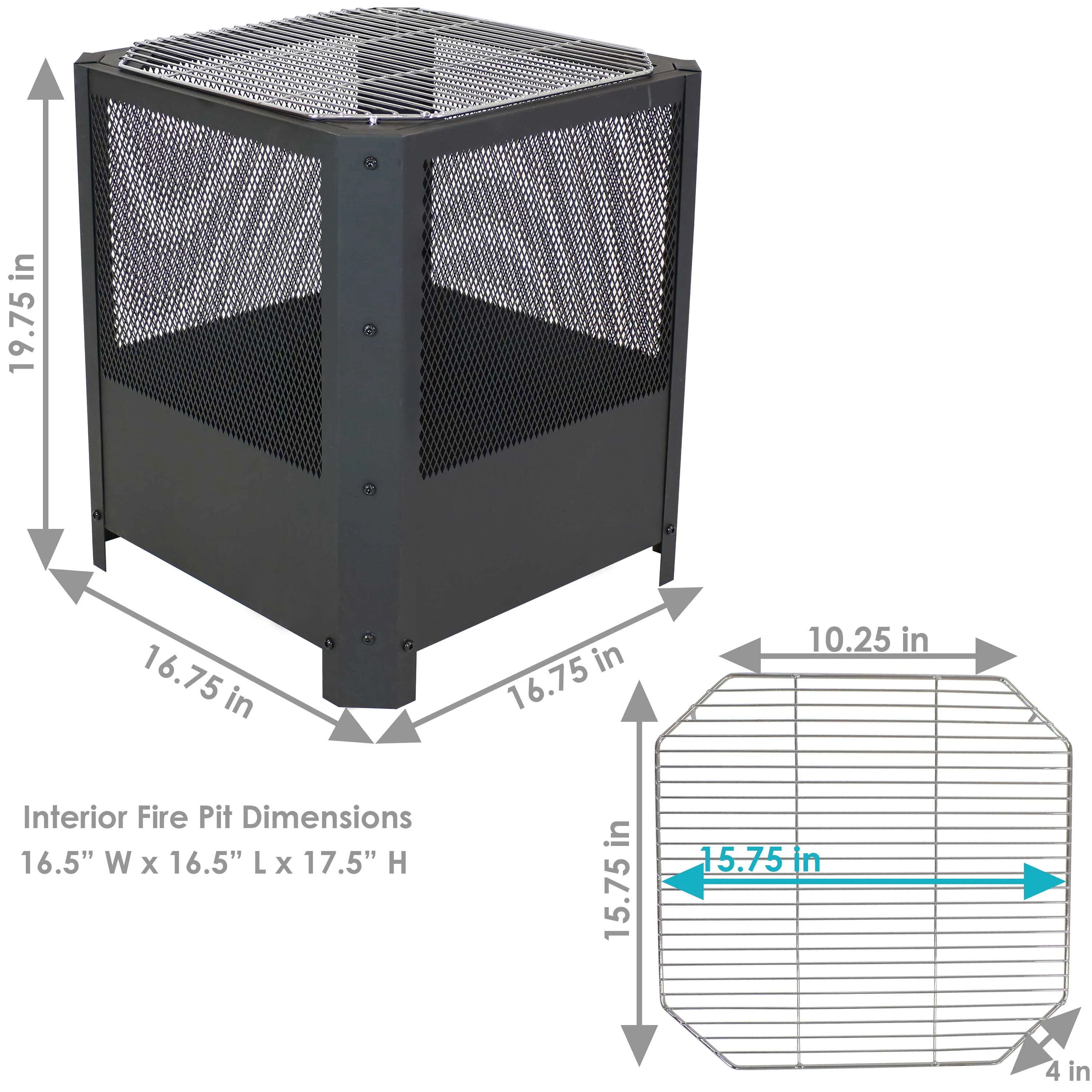 Sunnydaze Grelha Square Outdoor Fire Pit with Grilling Grate - 16"