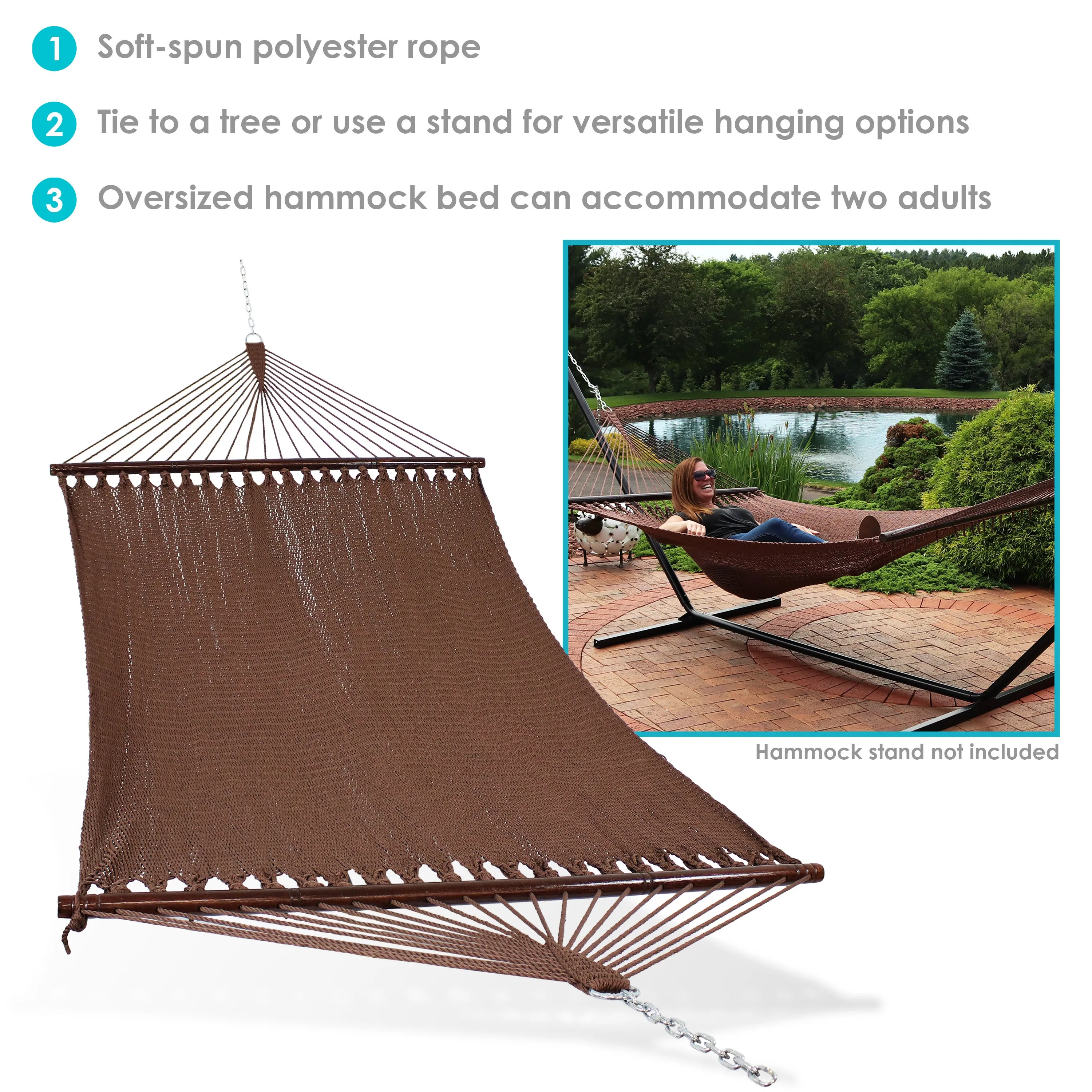 Sunnydaze Large 2-Person Polyester Rope Hammock with Spreader Bars