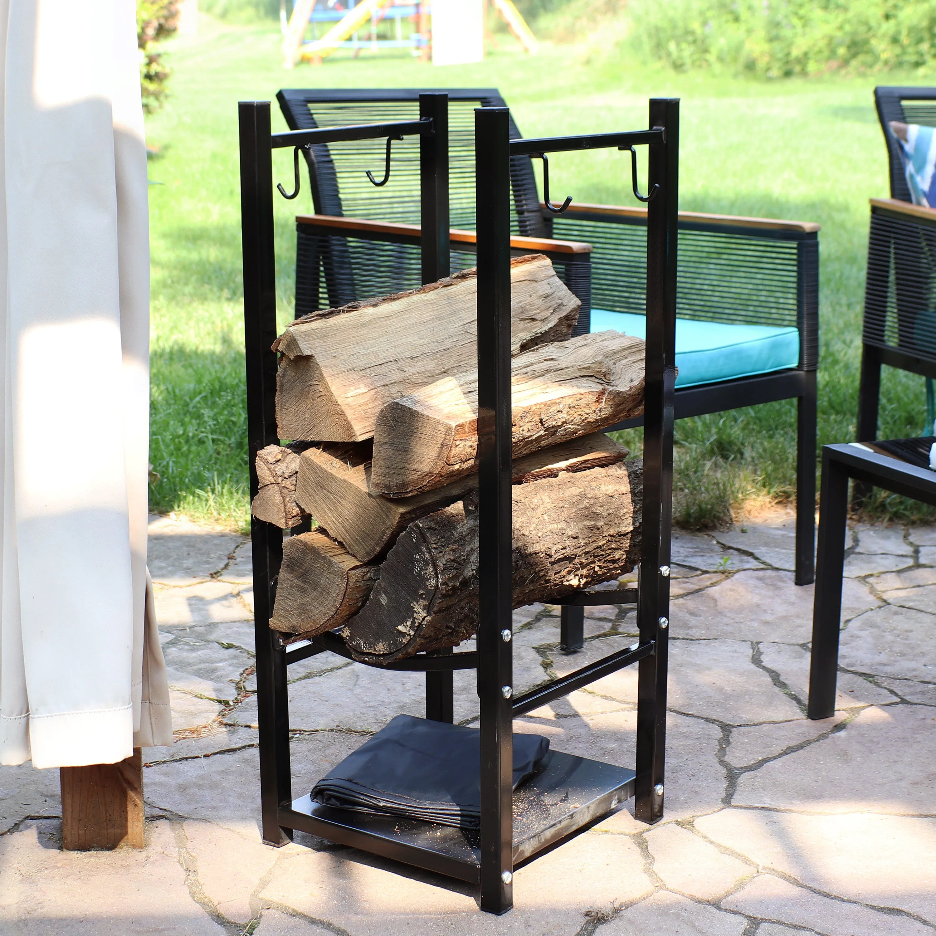 Sunnydaze Outdoor Firewood Storage Rack with Tool Holders