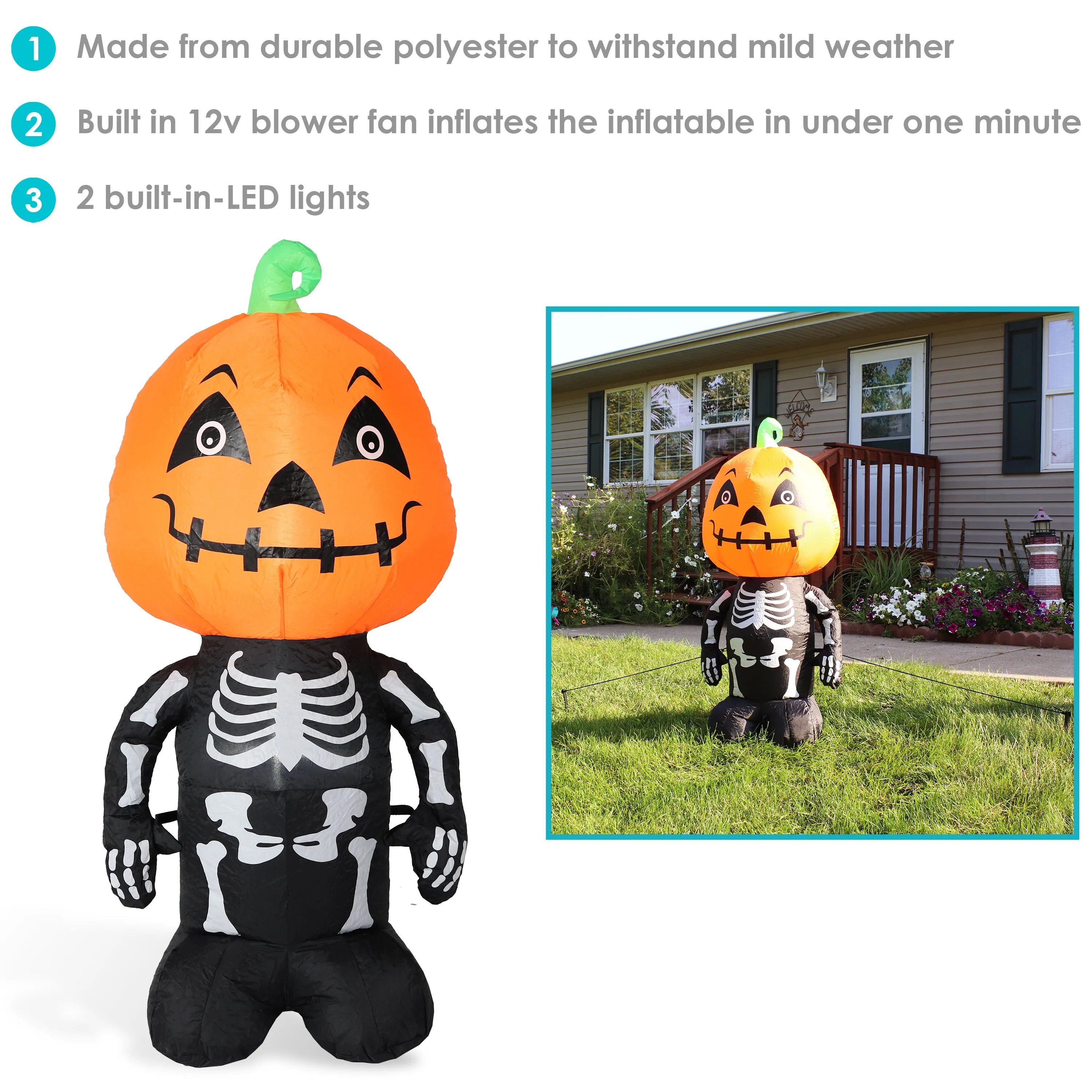 Sunnydaze Pumpkin Head Skeleton Man Inflatable Halloween Decoration - 50" H