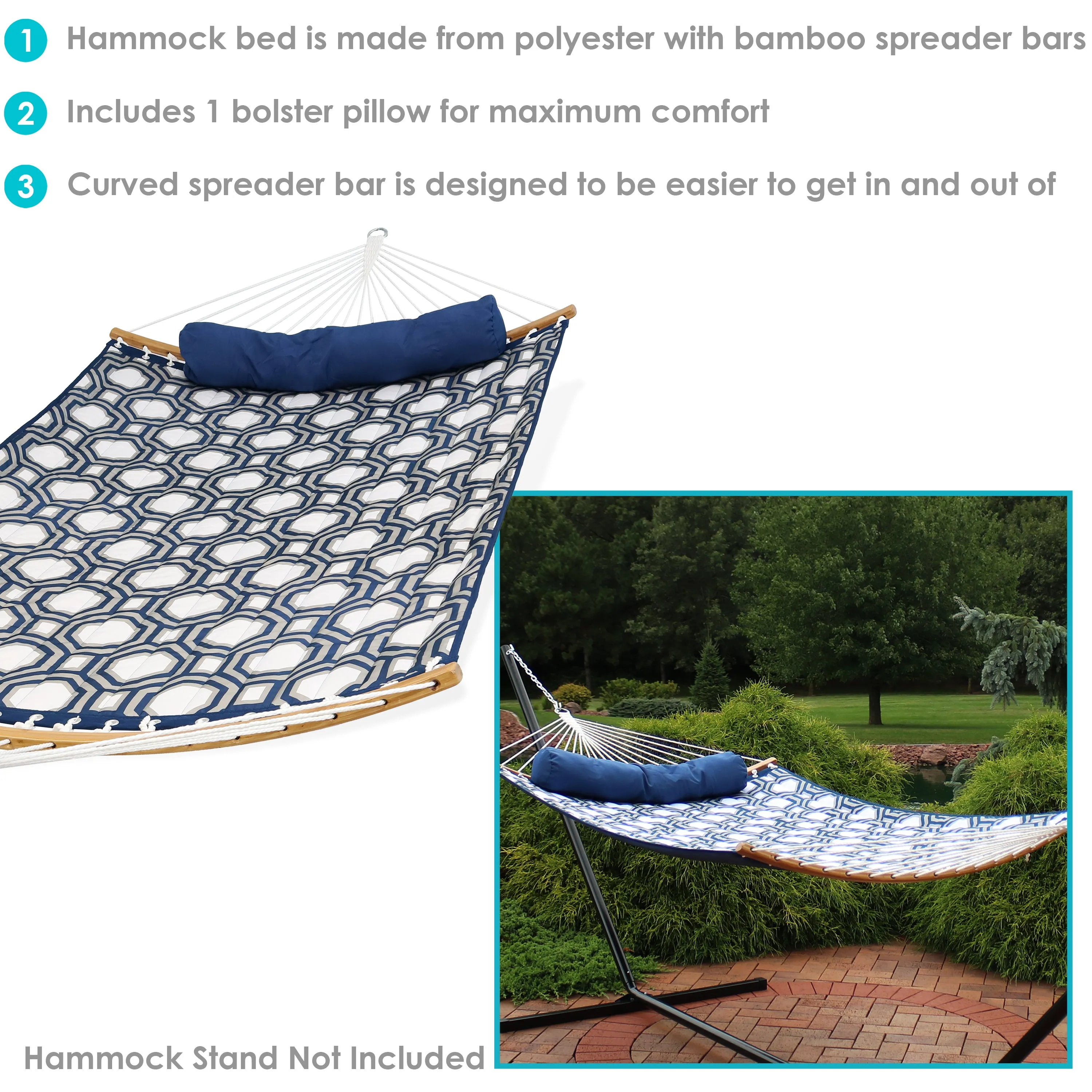 Sunnydaze Quilted Hammock with Curved Bamboo Spreader Bar and Pillow