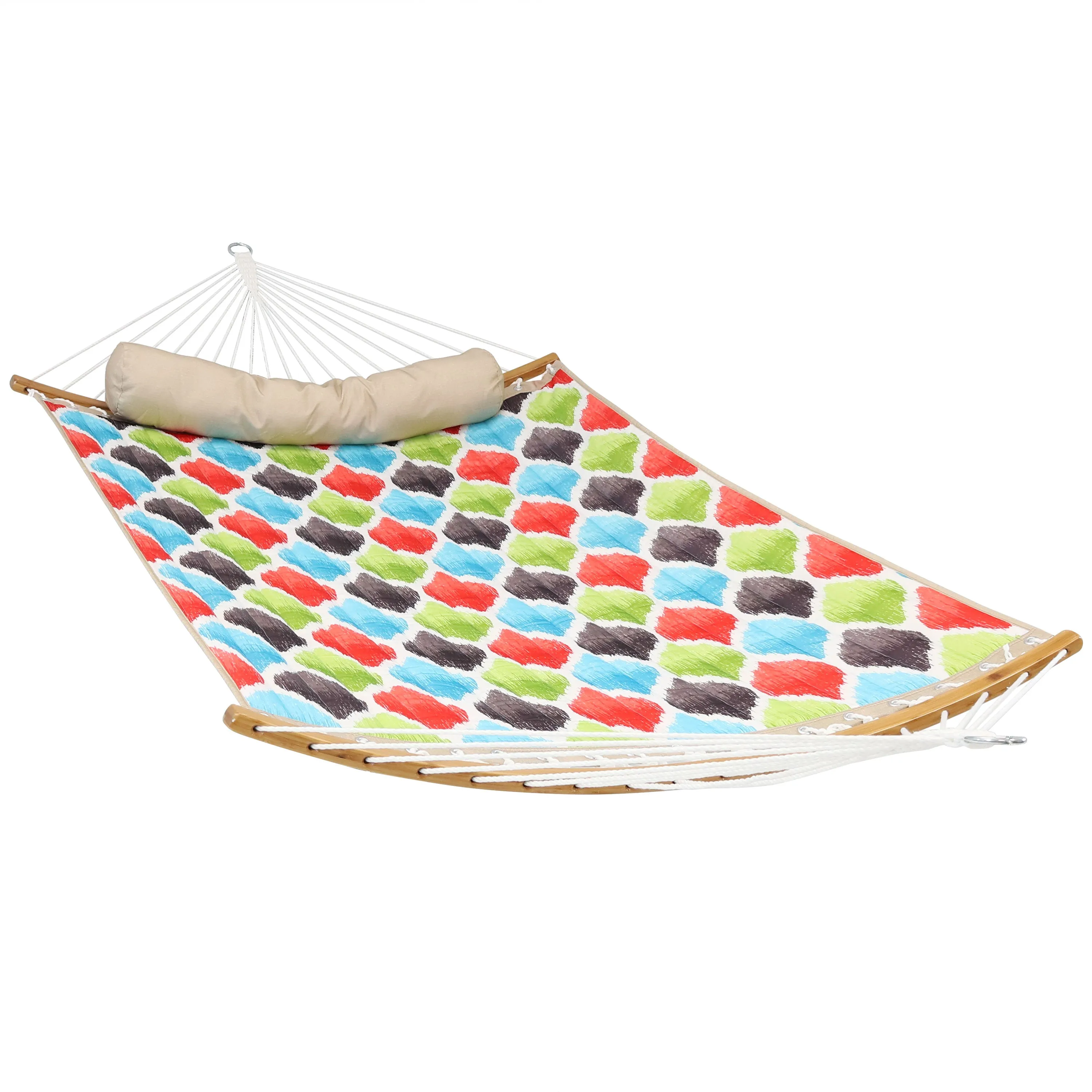 Sunnydaze Quilted Hammock with Curved Bamboo Spreader Bar and Pillow