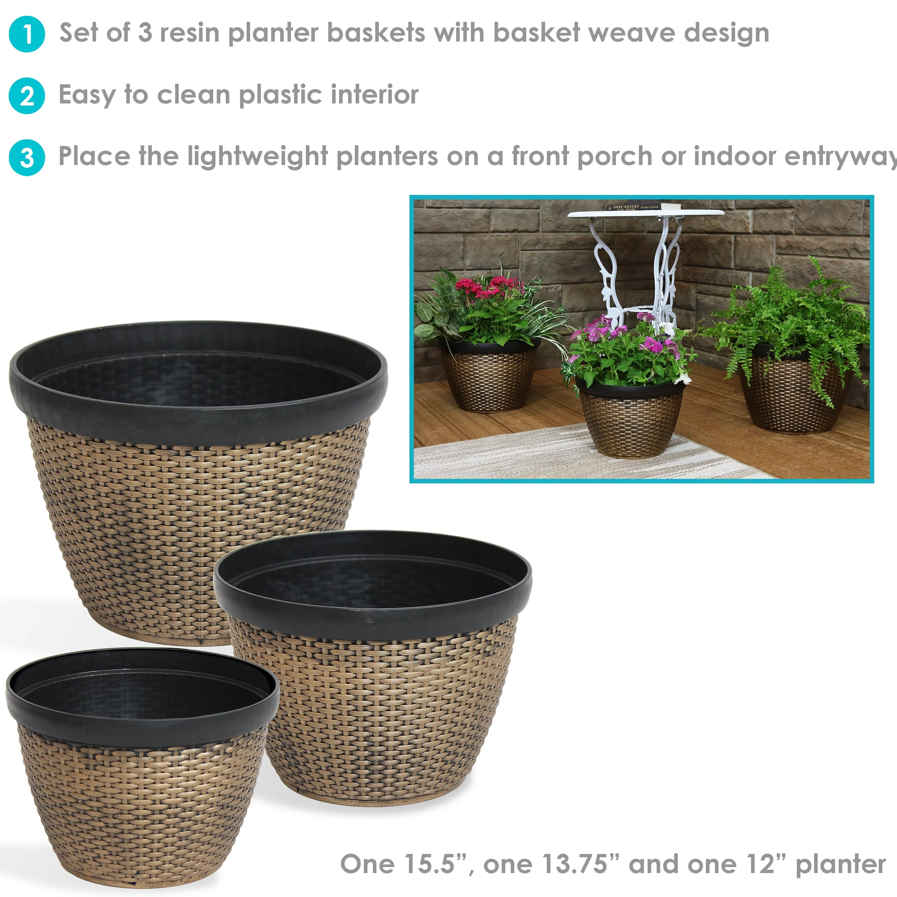 Sunnydaze Resin Faux Basketweave Outdoor Planter - Set of 3