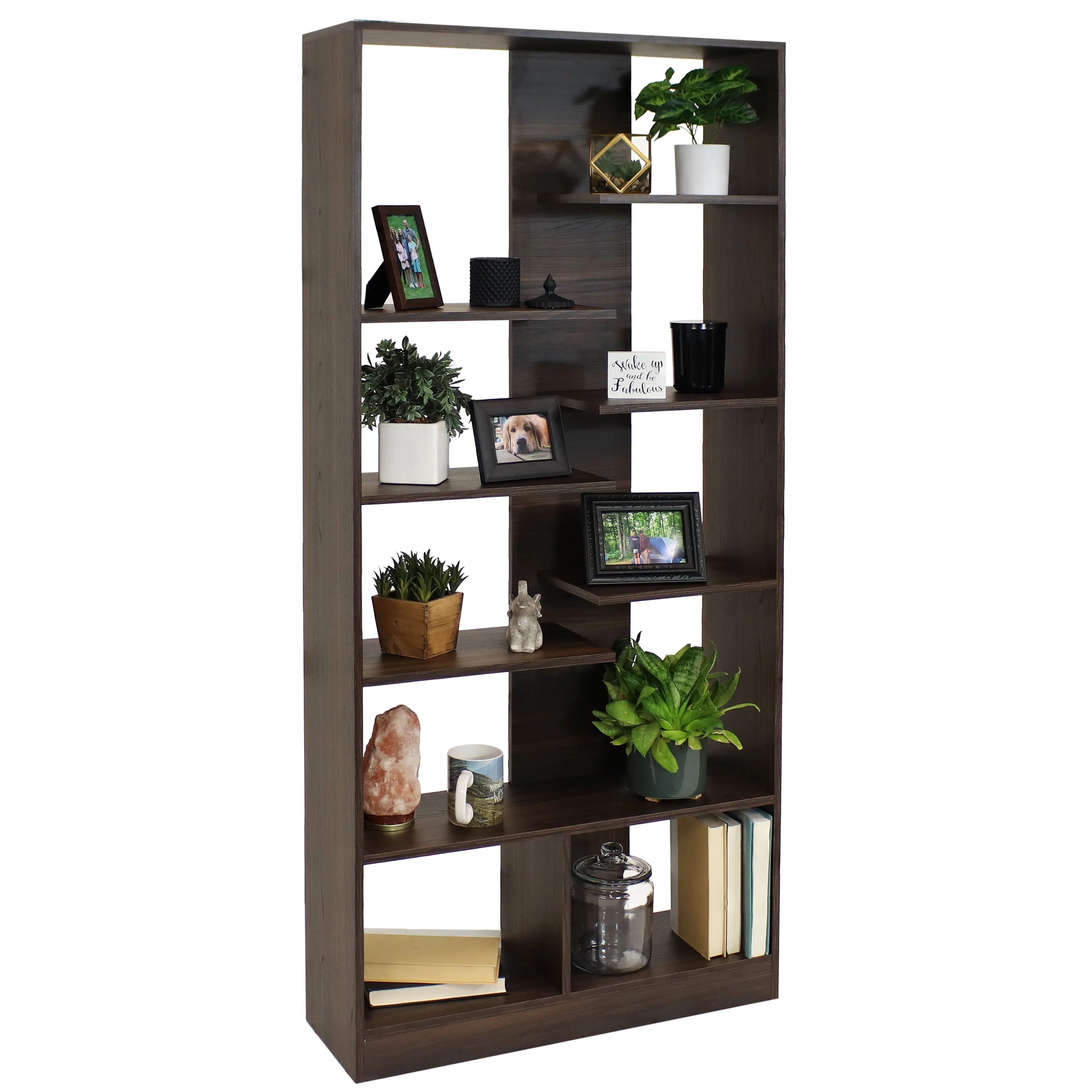 Sunnydaze Rosalee 9-Tier Open-Back Bookshelf with Staggered Shelves