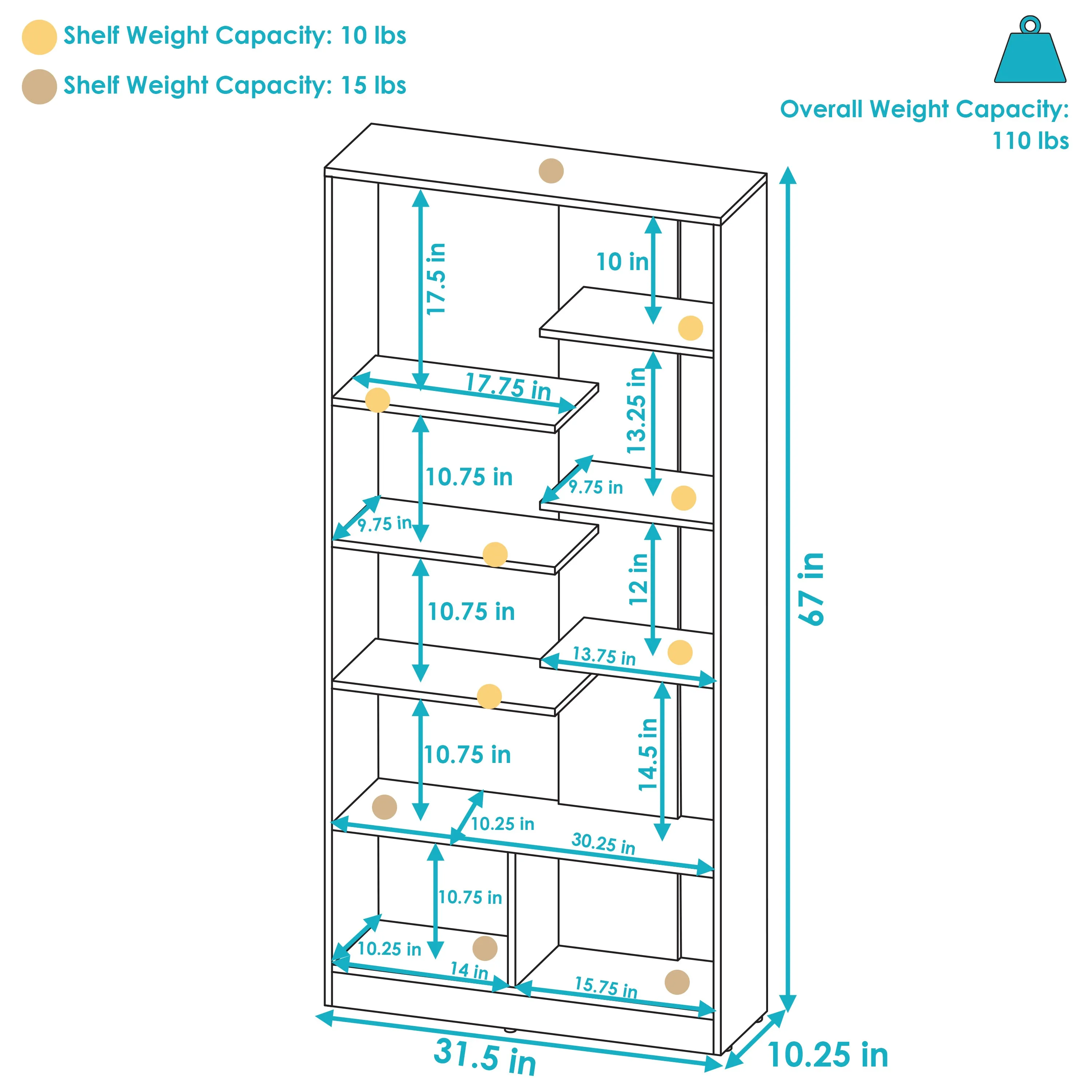 Sunnydaze Rosalee 9-Tier Open-Back Bookshelf with Staggered Shelves