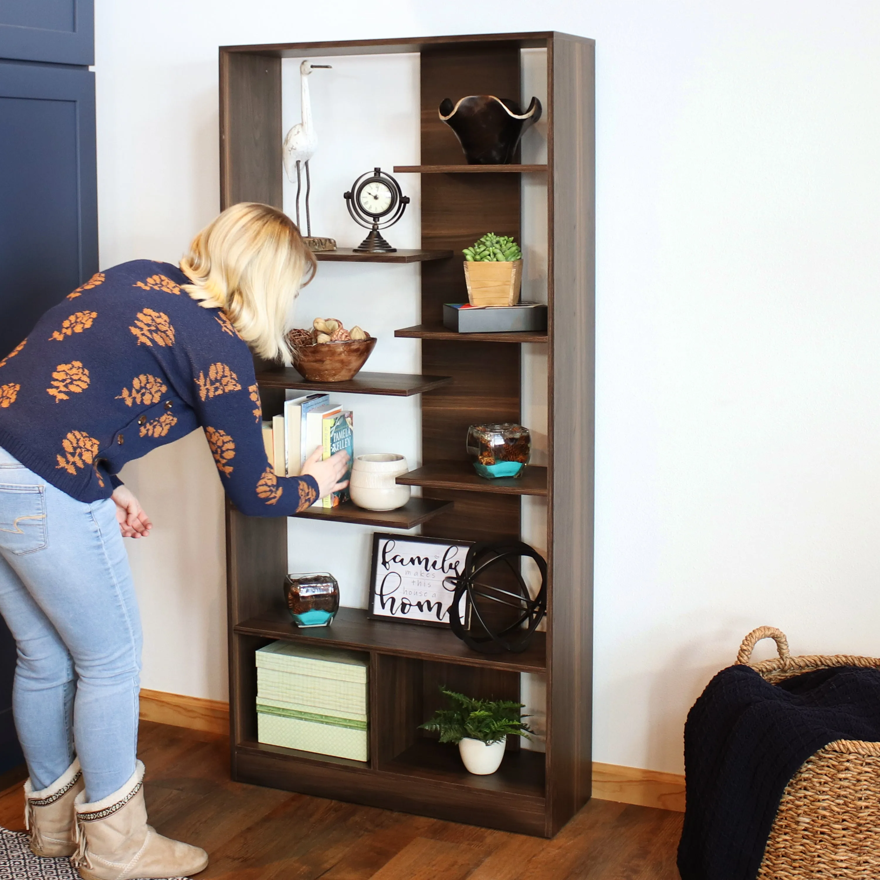 Sunnydaze Rosalee 9-Tier Open-Back Bookshelf with Staggered Shelves