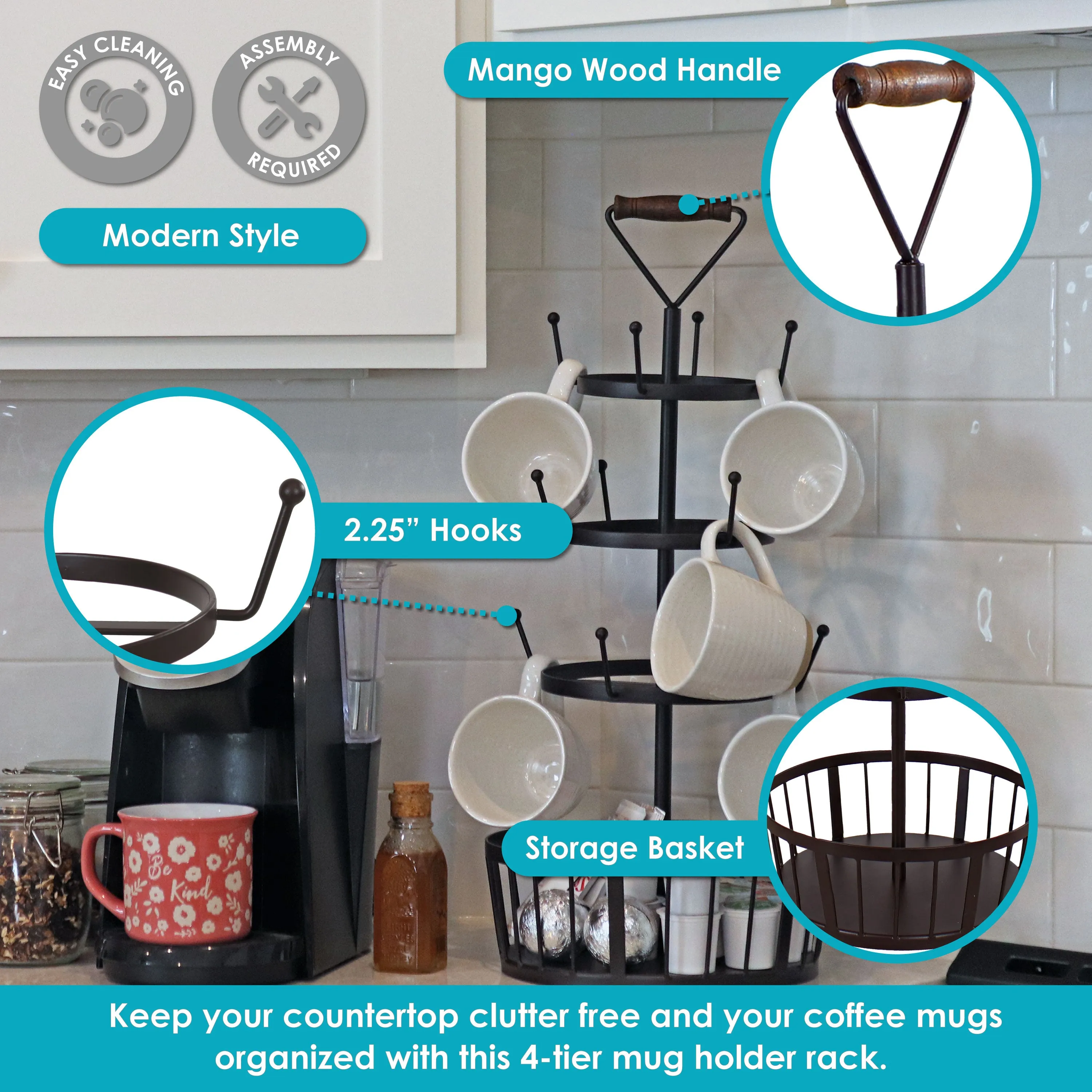 Sunnydaze Round 4-Tier Coffee Mug Tree with Basket - Dark Brown