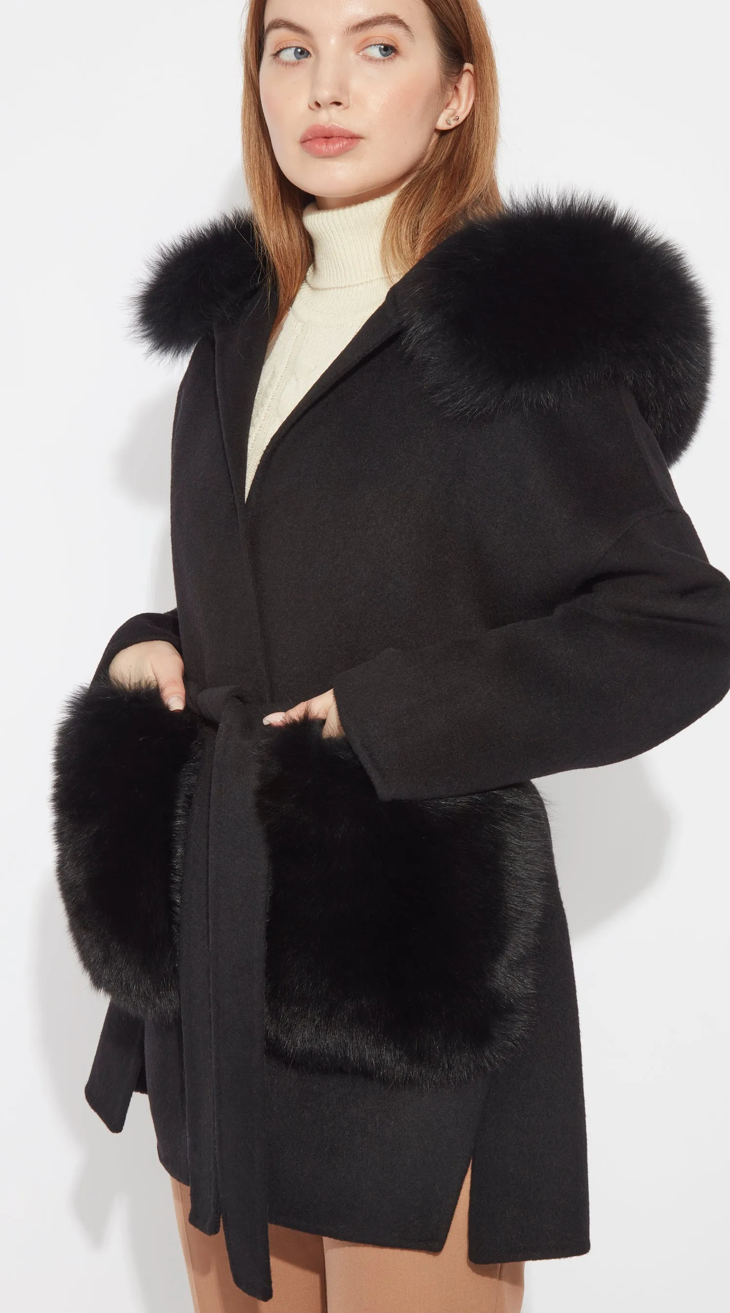 The London Cashmere & Fox Fur Hood & Pockets Belted Coat - Black