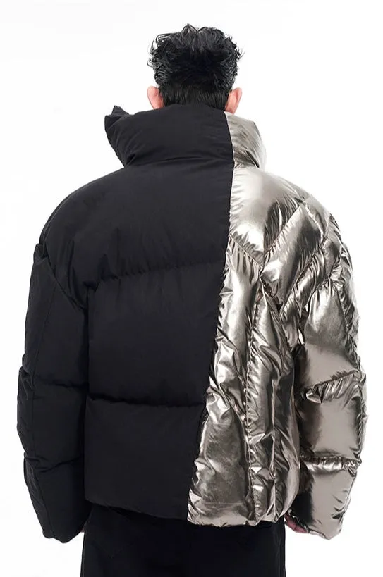 Two-Tone Metallic Puffer Jacket with Rosette Detail