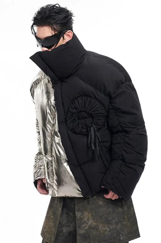 Two-Tone Metallic Puffer Jacket with Rosette Detail