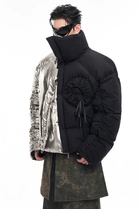 Two-Tone Metallic Puffer Jacket with Rosette Detail