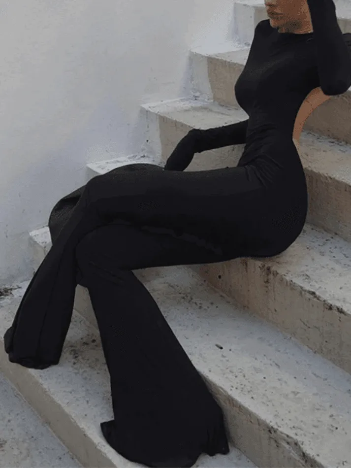 Uniwim Backless Long Sleeve Flare Leg Jumpsuit