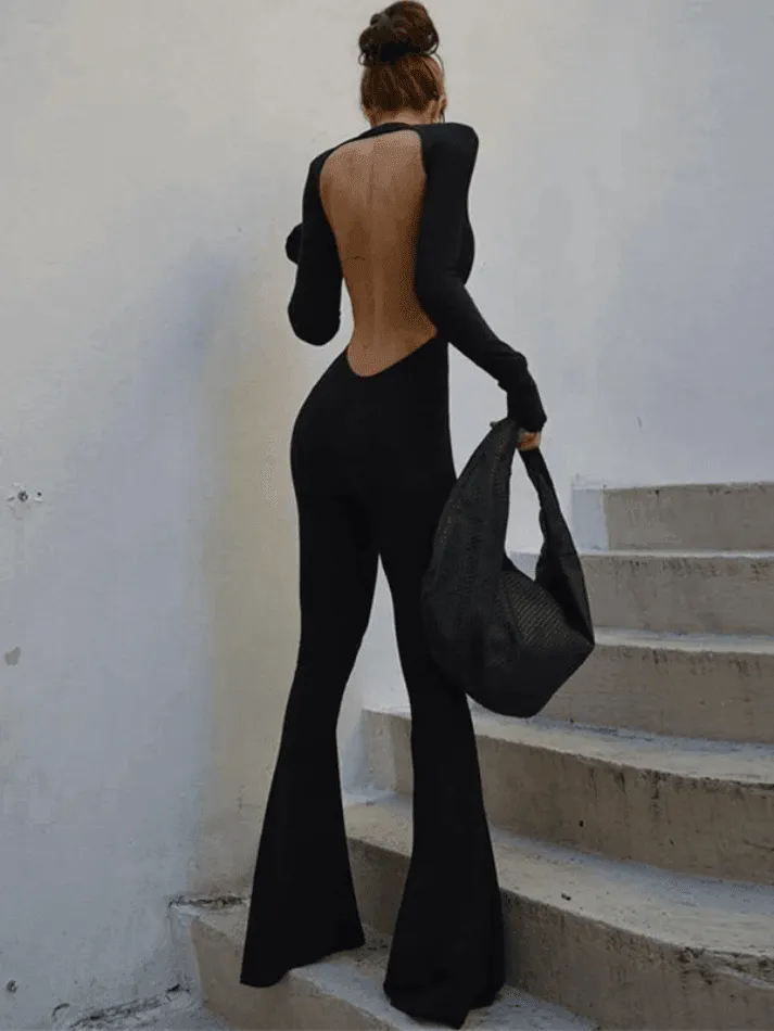 Uniwim Backless Long Sleeve Flare Leg Jumpsuit