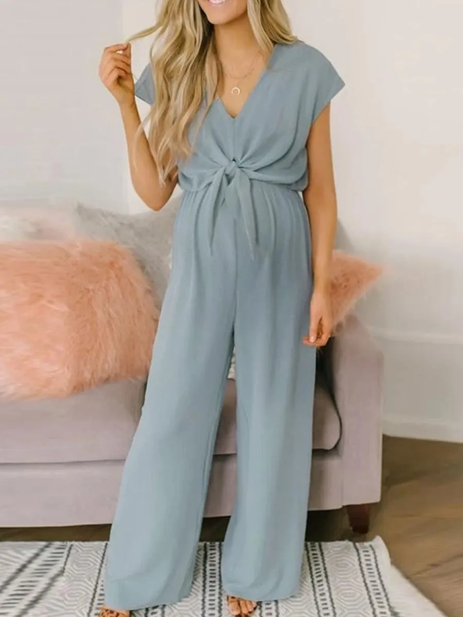 V-Neck Tie High Waist Halter Maternity Jumpsuit