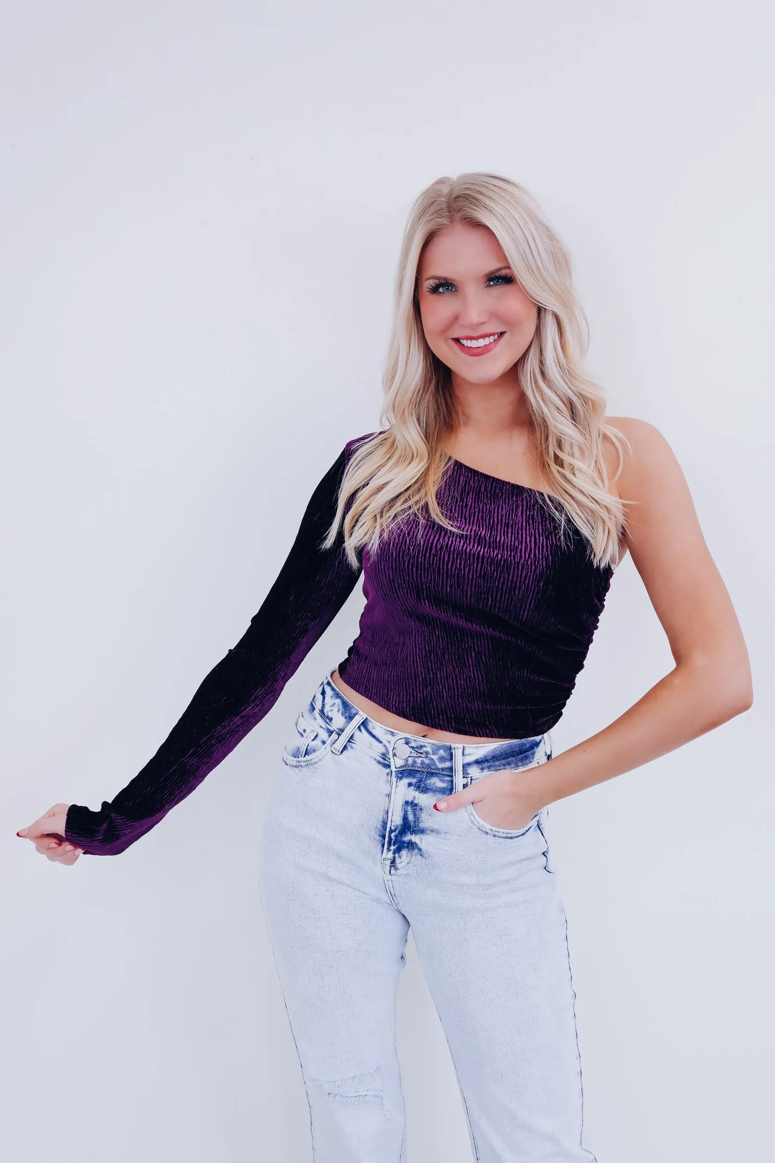 Valiant Velvety One Shoulder Top - Purple