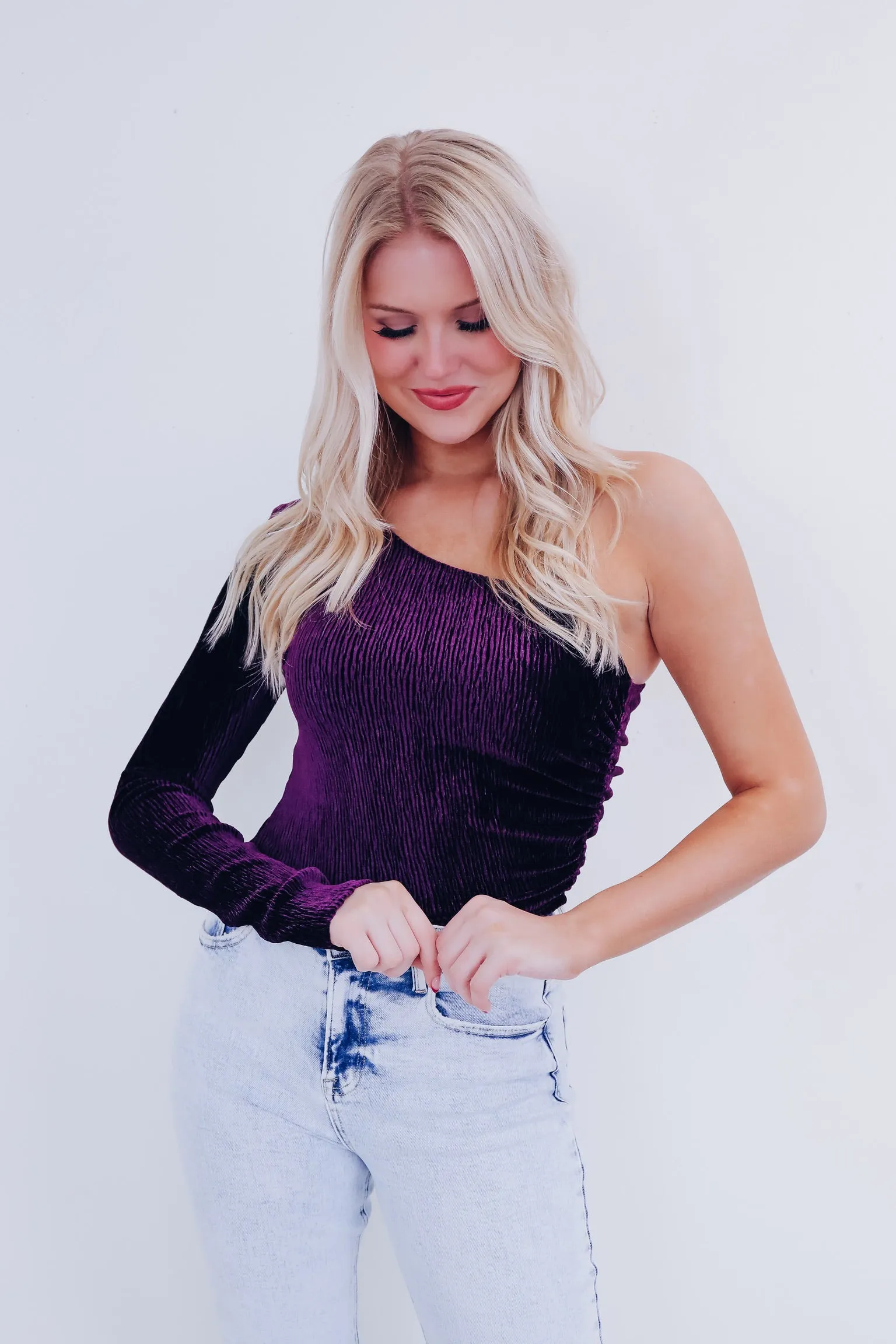 Valiant Velvety One Shoulder Top - Purple