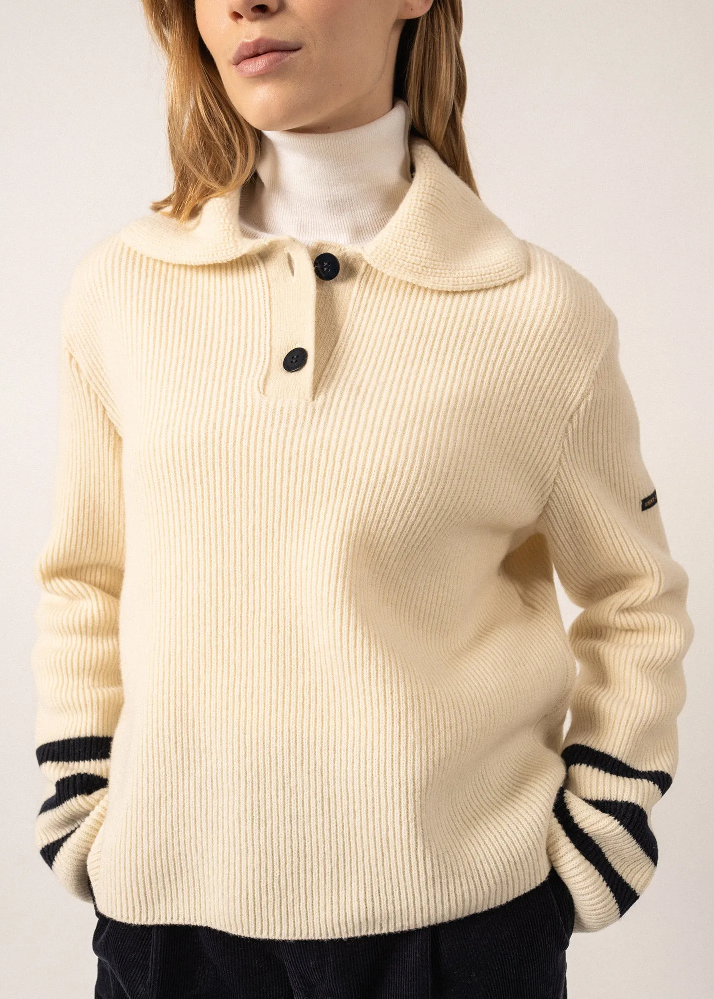 Vanoise Sailor-inspired High Neck Jumper - in wool, with striped details (ECUME/NAVY)