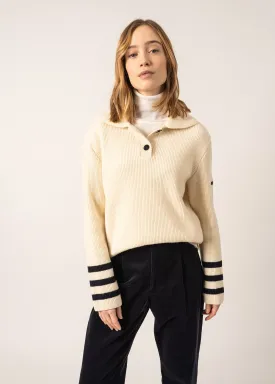 Vanoise Sailor-inspired High Neck Jumper - in wool, with striped details (ECUME/NAVY)