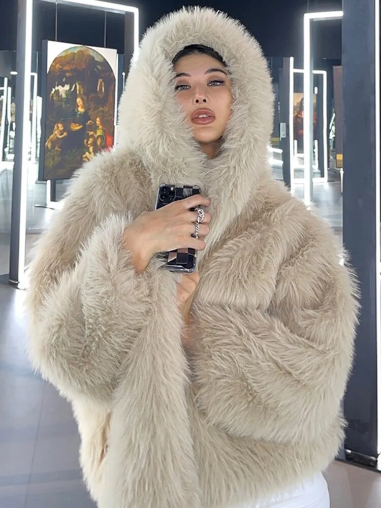 Warm Faux Fur Loose Hooded Mid-Length Fur Coats Women 2022 Winter