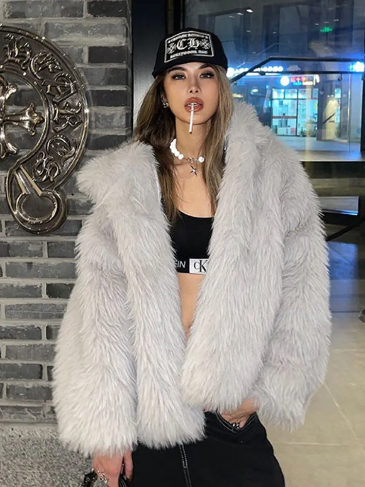 Warm Faux Fur Loose Hooded Mid-Length Fur Coats Women 2022 Winter