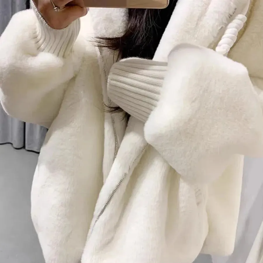 White Imitation Lambwool Outwear Top Coat Winter Warm Furry Overcoat Casual Hooded Fur Plush Jacket