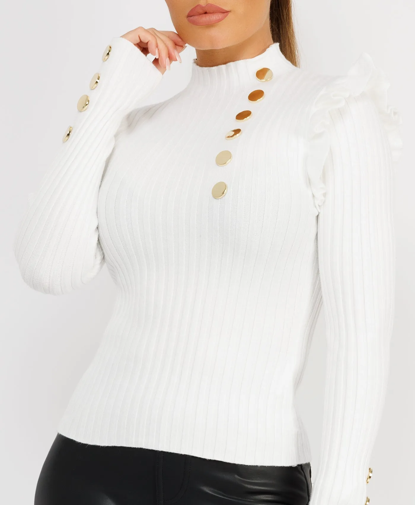 White Knitted Frill Sleeve Gold Button Jumper Top